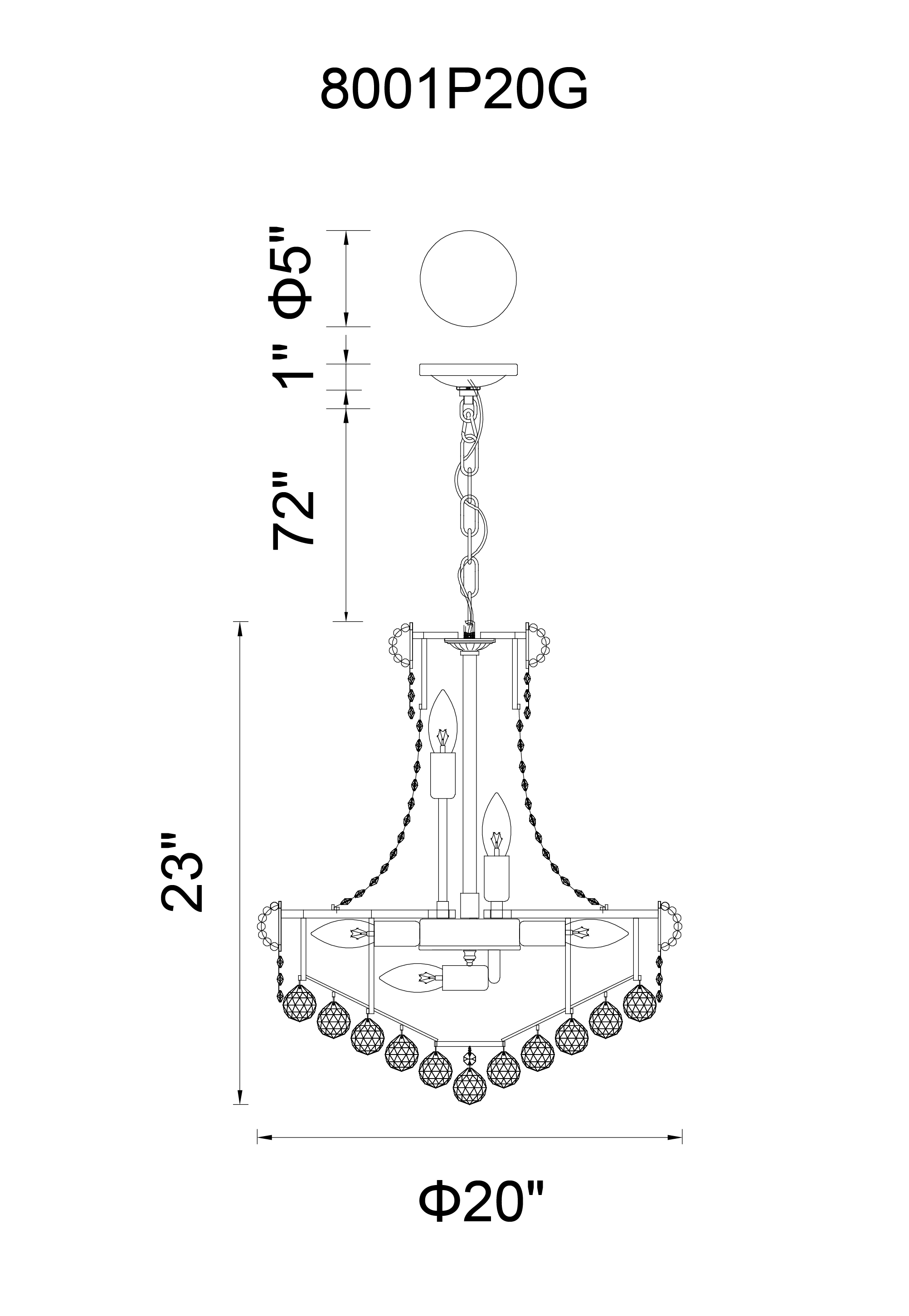 CWI Lighting Empire 14 Light Down Chandelier With Chrome Finish Model: 8001P20C Line Drawing
