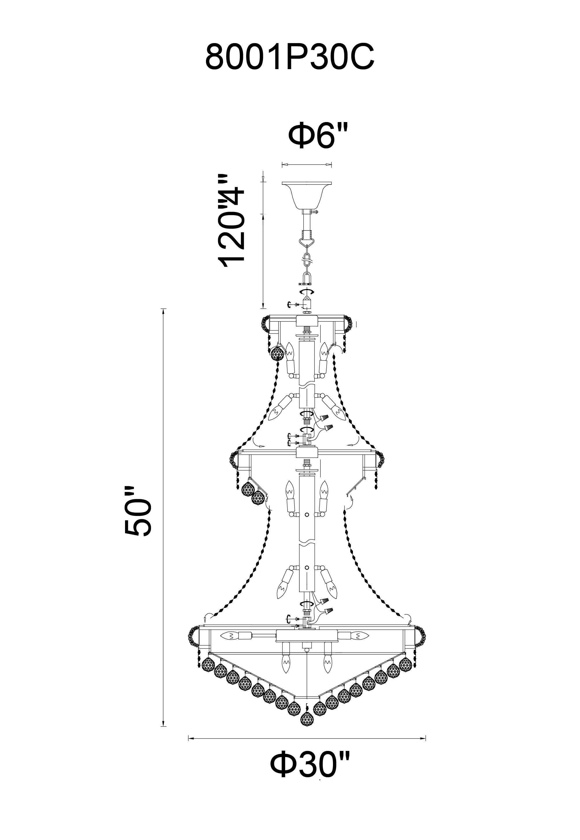 CWI Lighting Empire 32 Light Down Chandelier With Chrome Finish Model: 8001P30C Line Drawing
