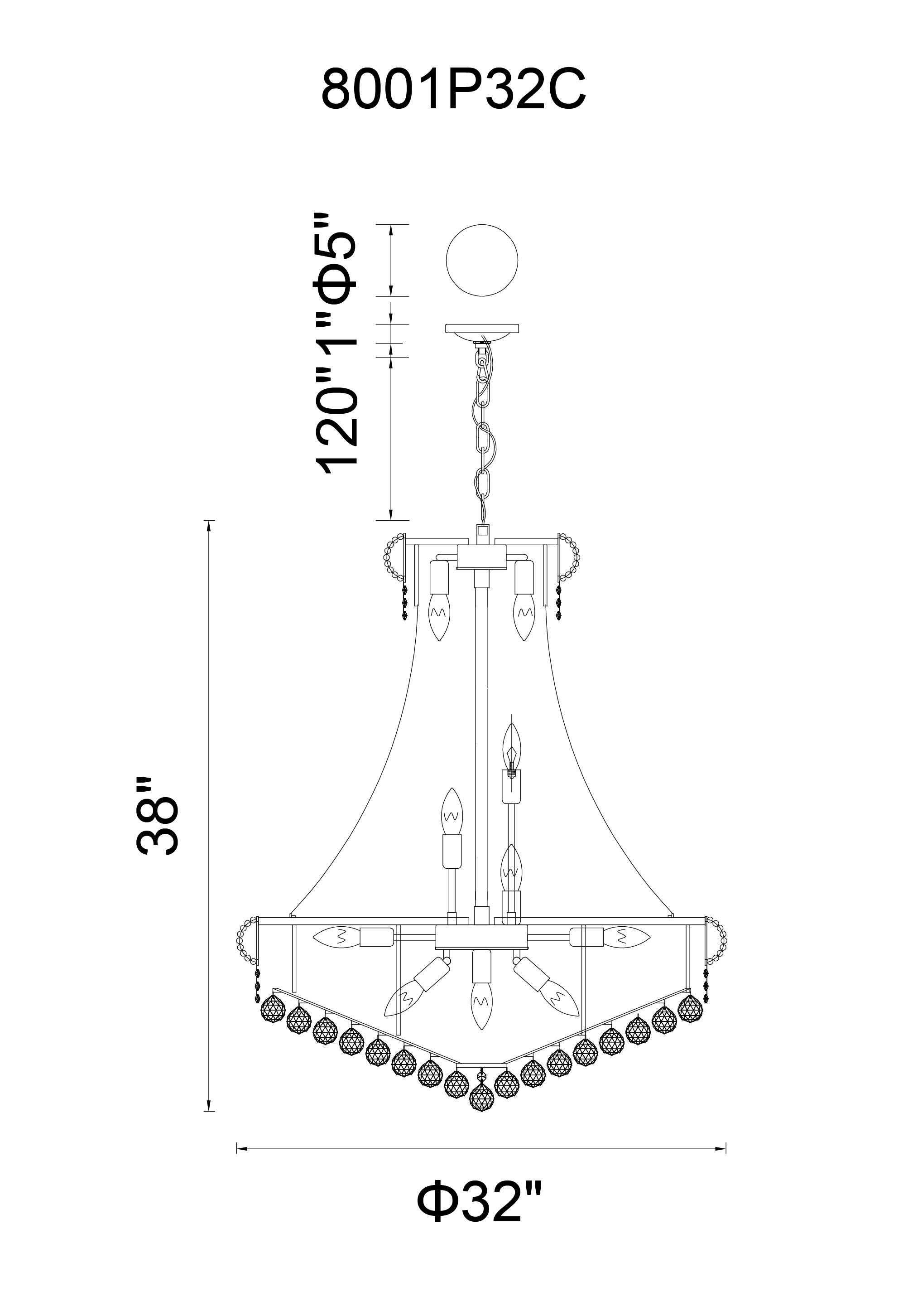 CWI Lighting Empire 19 Light Down Chandelier With Chrome Finish Model: 8001P32C Line Drawing