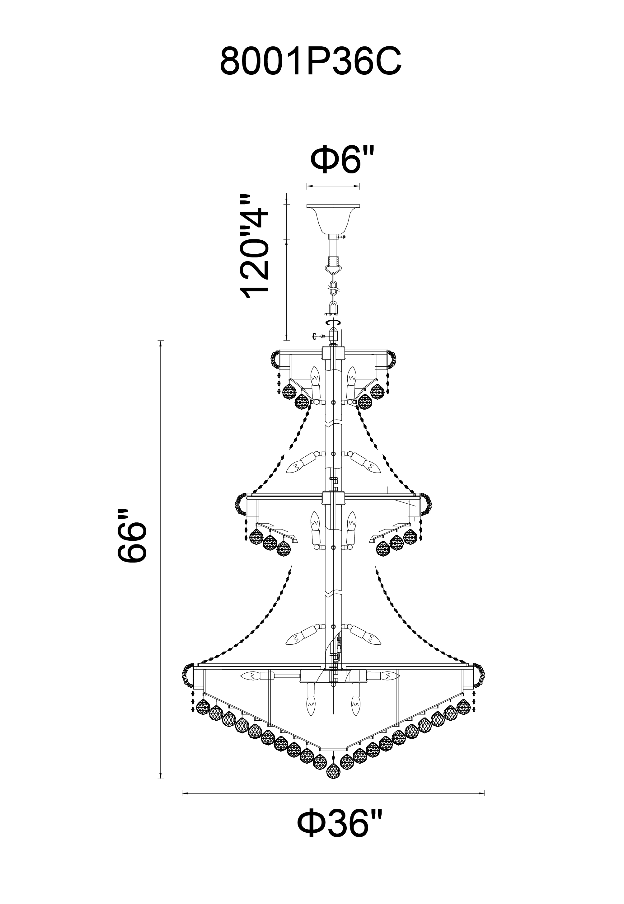 CWI Lighting Empire 34 Light Down Chandelier With Chrome Finish Model: 8001P36C Line Drawing