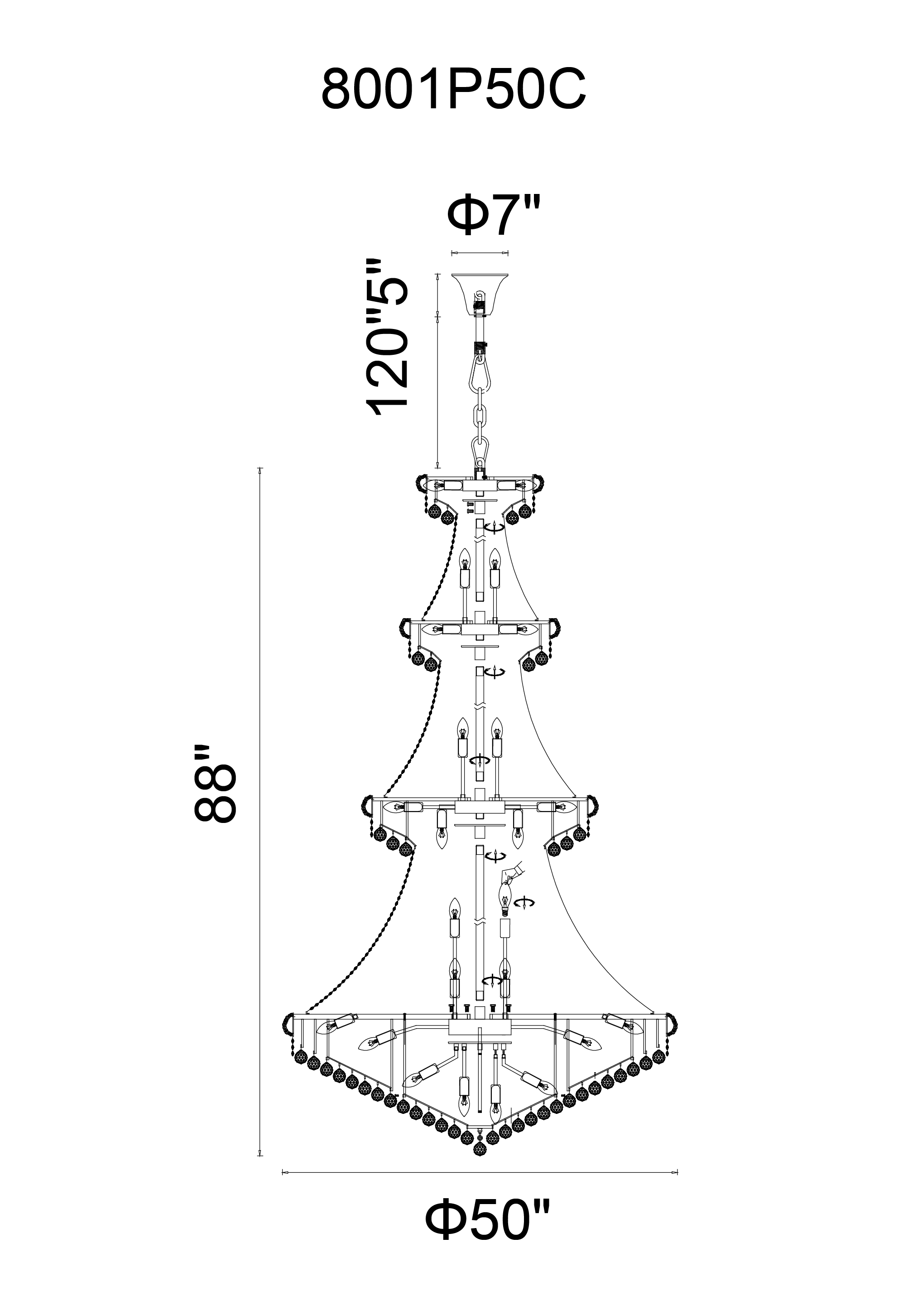 CWI Lighting Empire 42 Light Down Chandelier With Chrome Finish Model: 8001P50C Line Drawing