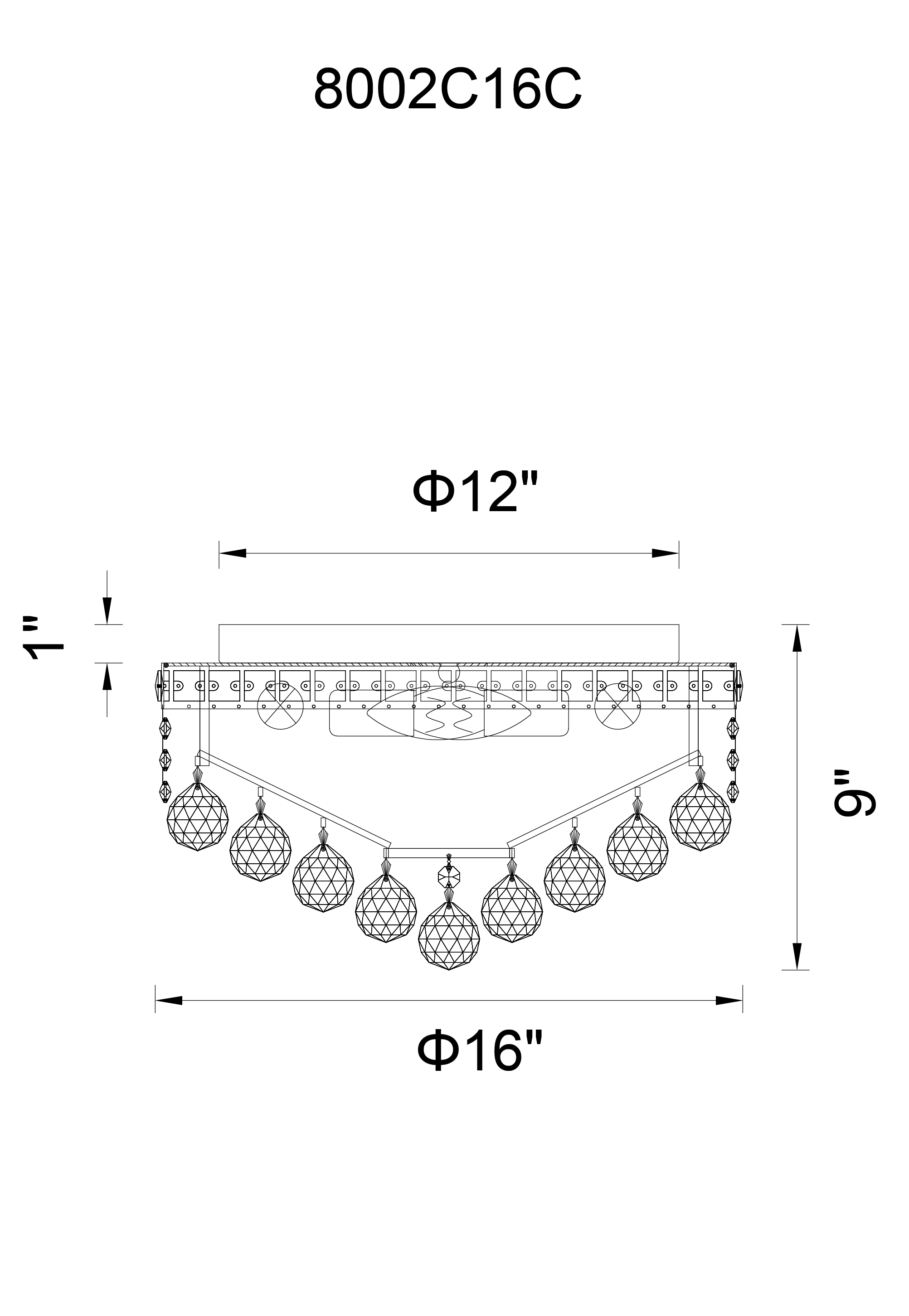 CWI Lighting Luminous 5 Light Flush Mount With Gold Finish Model: 8002C16G Line Drawing