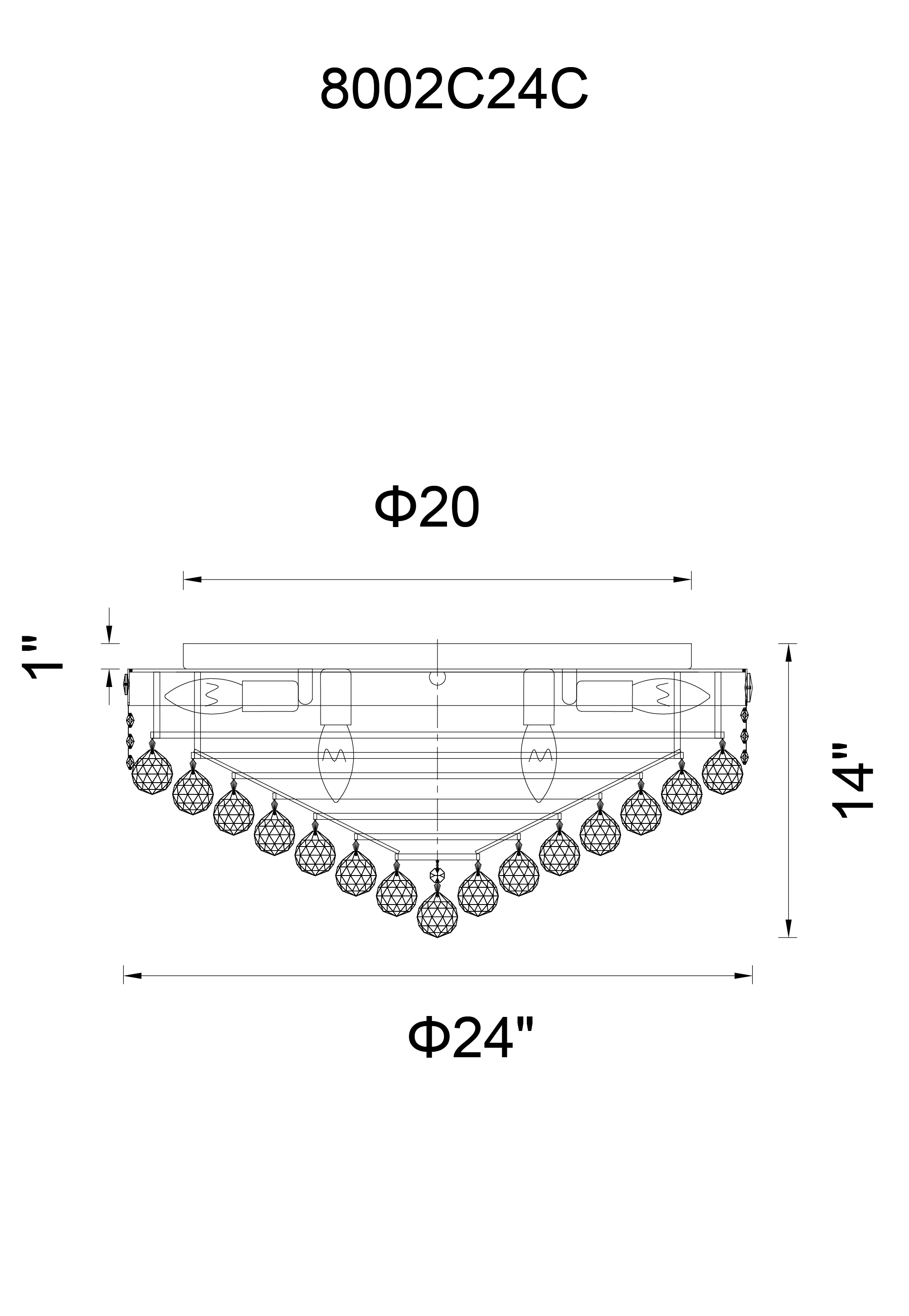 CWI Lighting Luminous 12 Light Flush Mount With Chrome Finish Model: 8002C24C Line Drawing