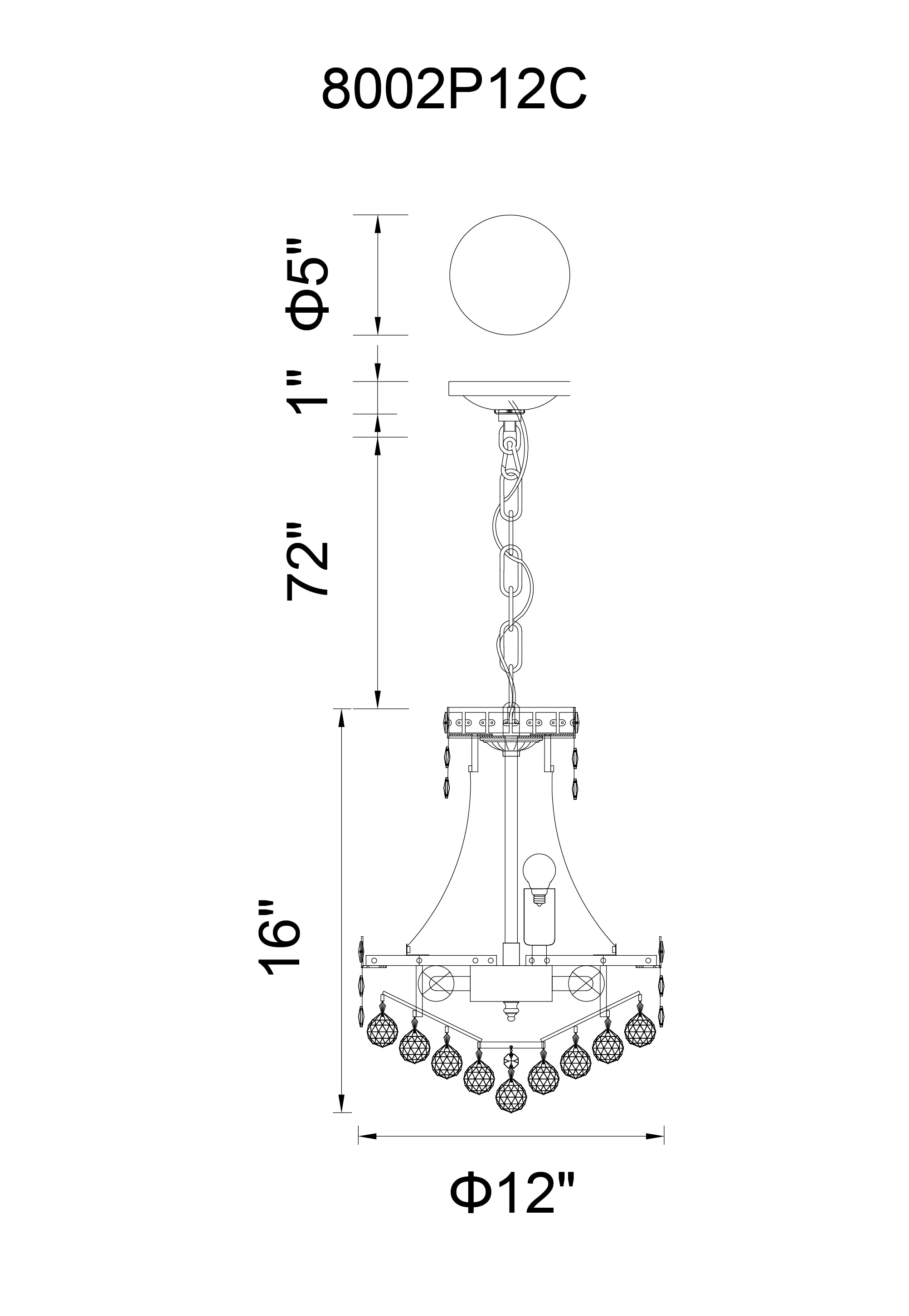 CWI Lighting Luminous 4 Light Mini Chandelier With Chrome Finish Model: 8002P12C Line Drawing