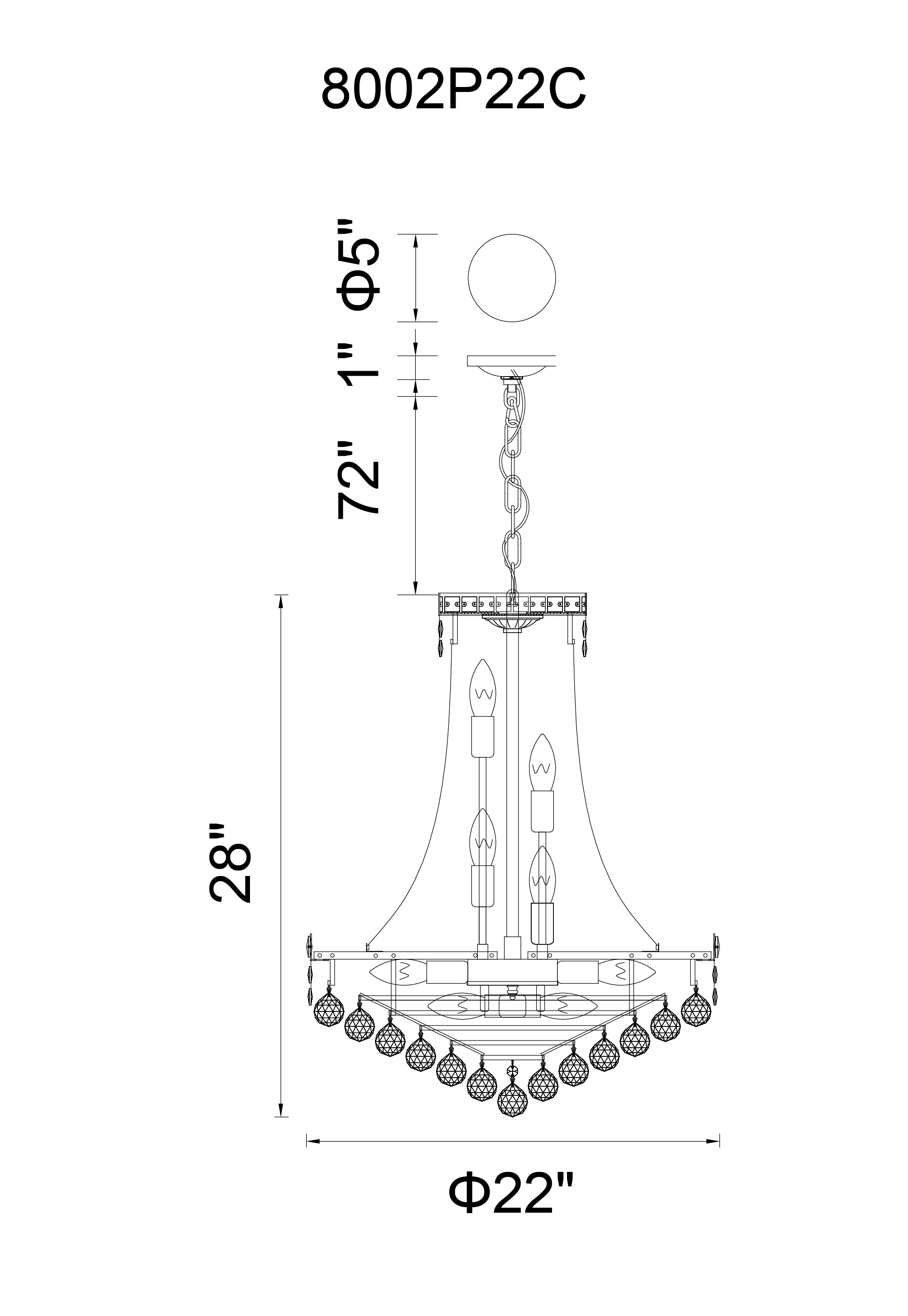 CWI Lighting Luminous 14 Light Down Chandelier With Chrome Finish Model: 8002P22C Line Drawing