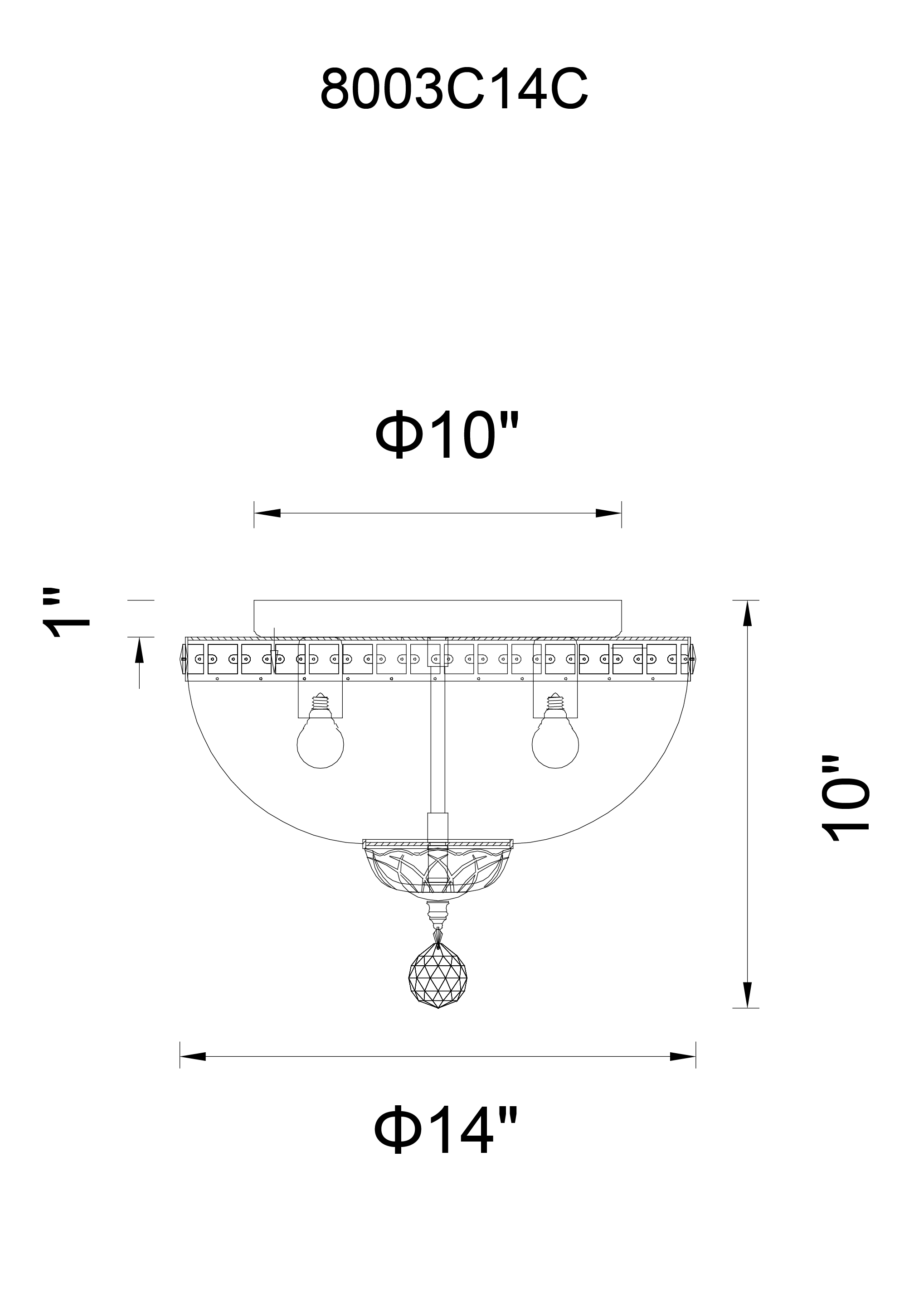 CWI Lighting Stefania 4 Light Bowl Flush Mount With Chrome Finish Model: 8003C14C Line Drawing