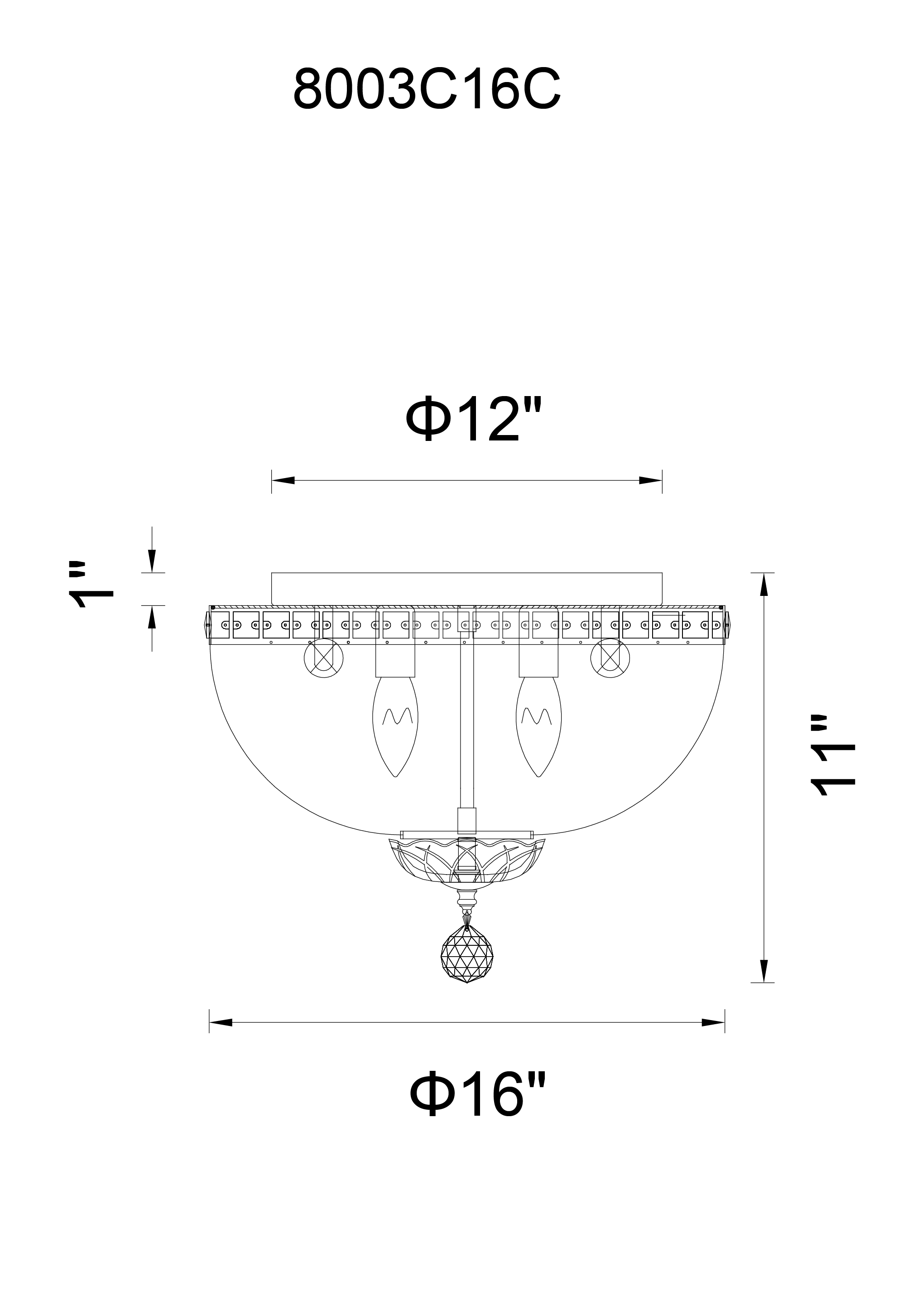 CWI Lighting Stefania 5 Light Bowl Flush Mount With Chrome Finish Model: 8003C16C Line Drawing