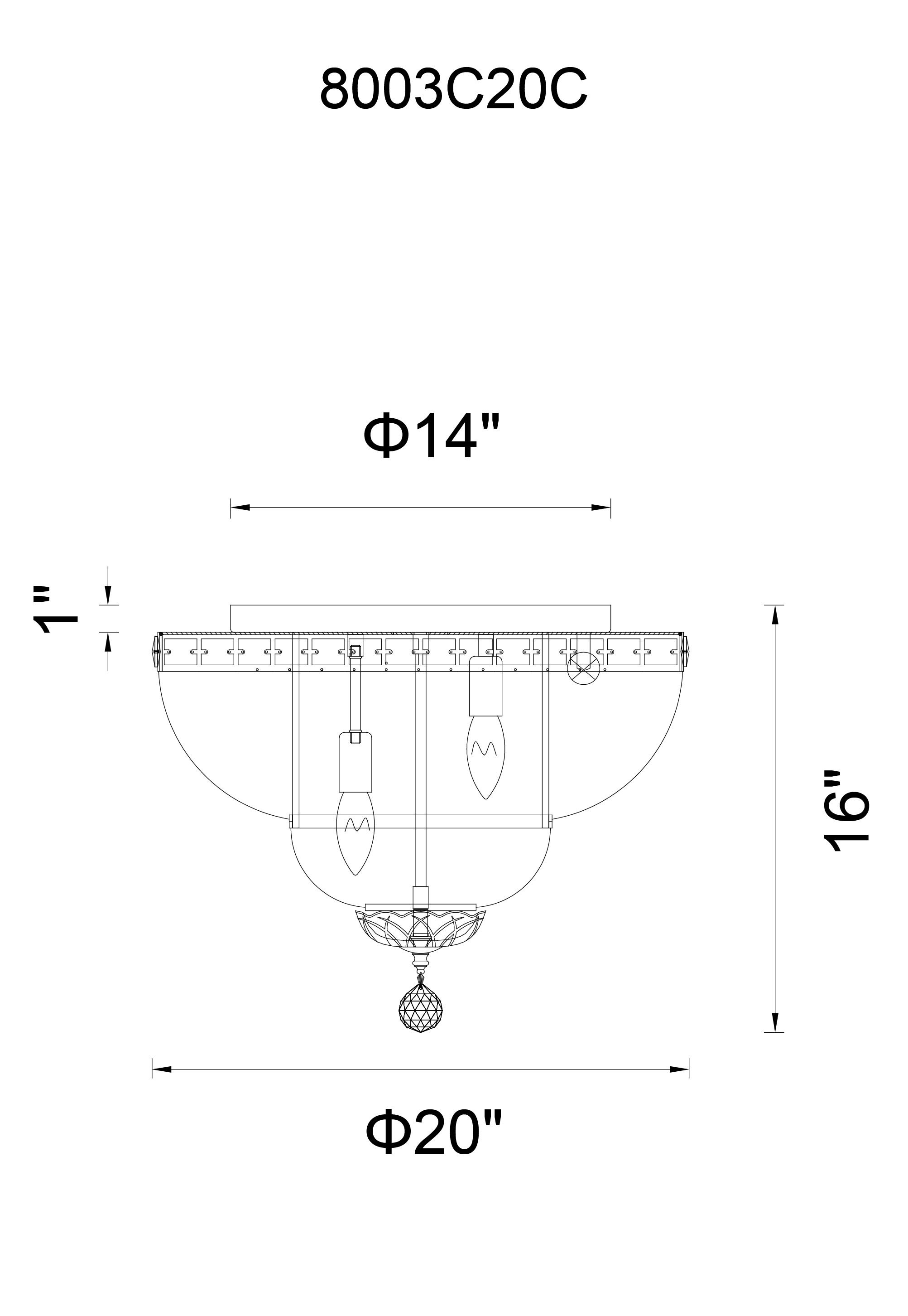 CWI Lighting Stefania 8 Light Bowl Flush Mount With Chrome Finish Model: 8003C20C Line Drawing