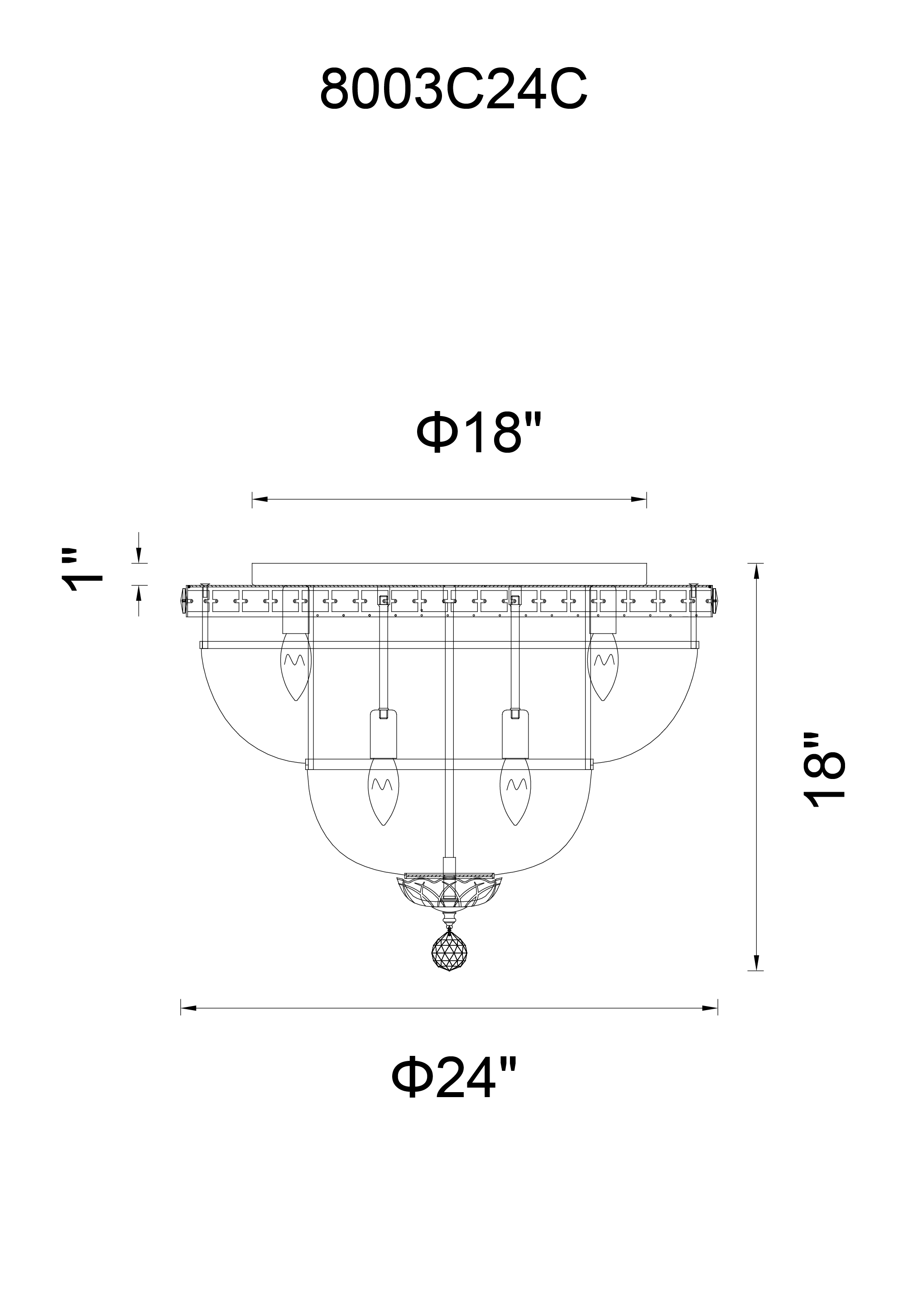 CWI Lighting Stefania 9 Light Bowl Flush Mount With Chrome Finish Model: 8003C24C Line Drawing