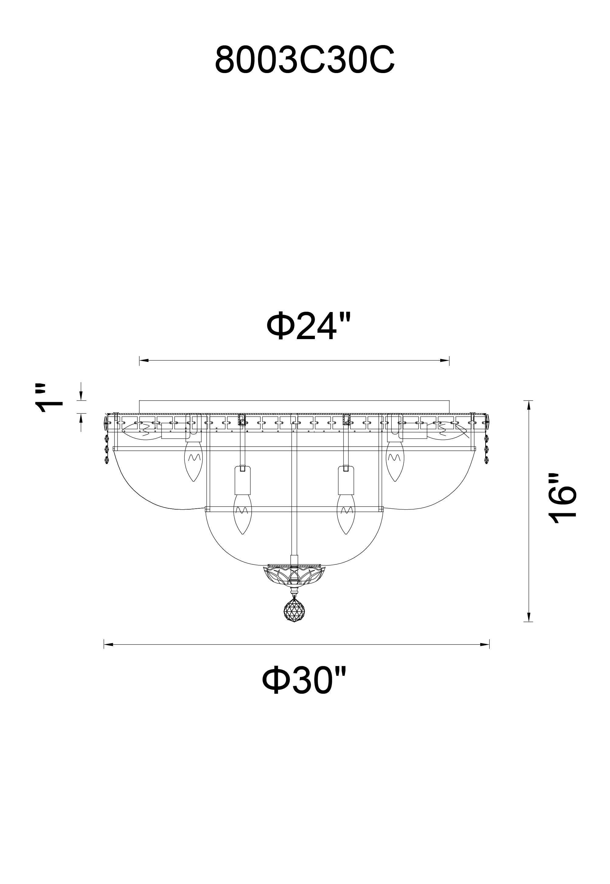CWI Lighting Stefania 16 Light Bowl Flush Mount With Chrome Finish Model: 8003C30C Line Drawing