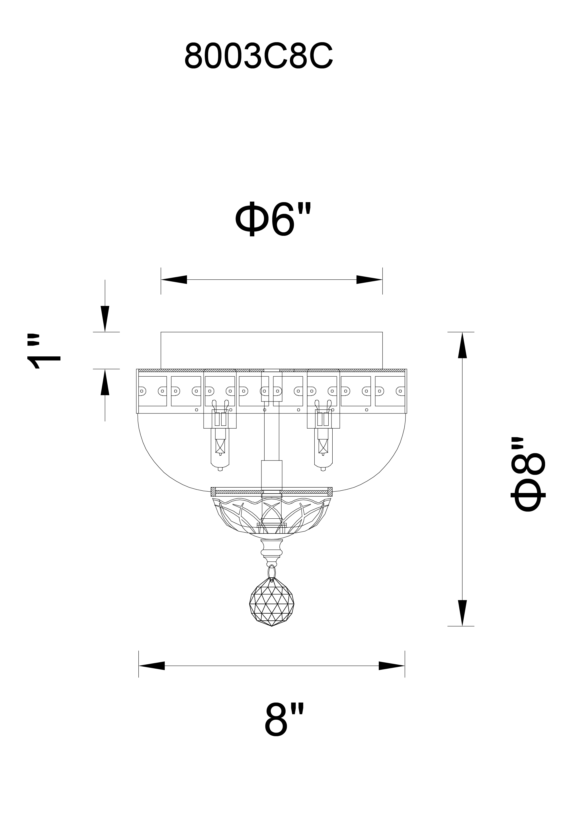 CWI Lighting Stefania 2 Light Bowl Flush Mount With Chrome Finish Model: 8003C8C Line Drawing
