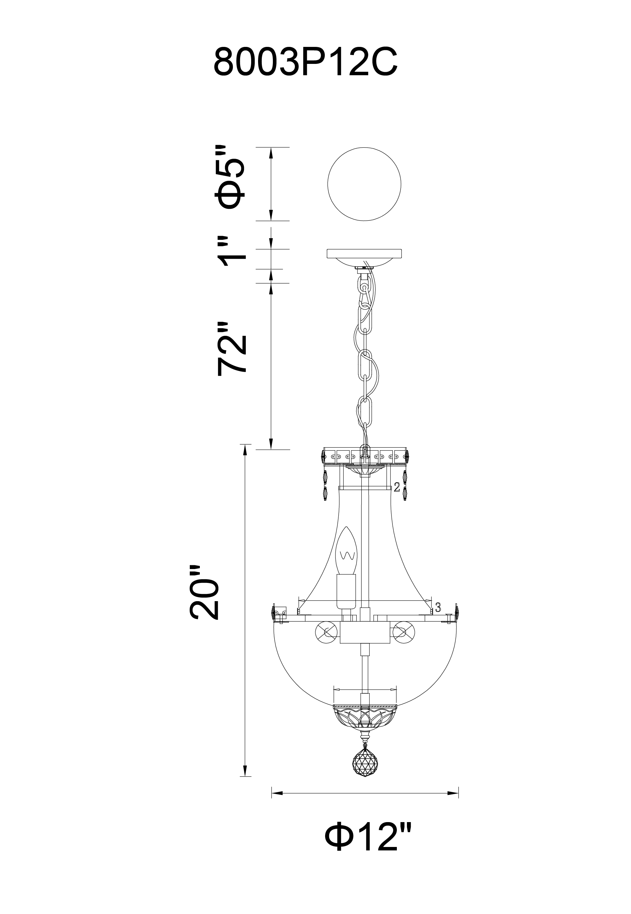 CWI Lighting Stefania 4 Light Mini Chandelier With Chrome Finish Model: 8003P12C Line Drawing