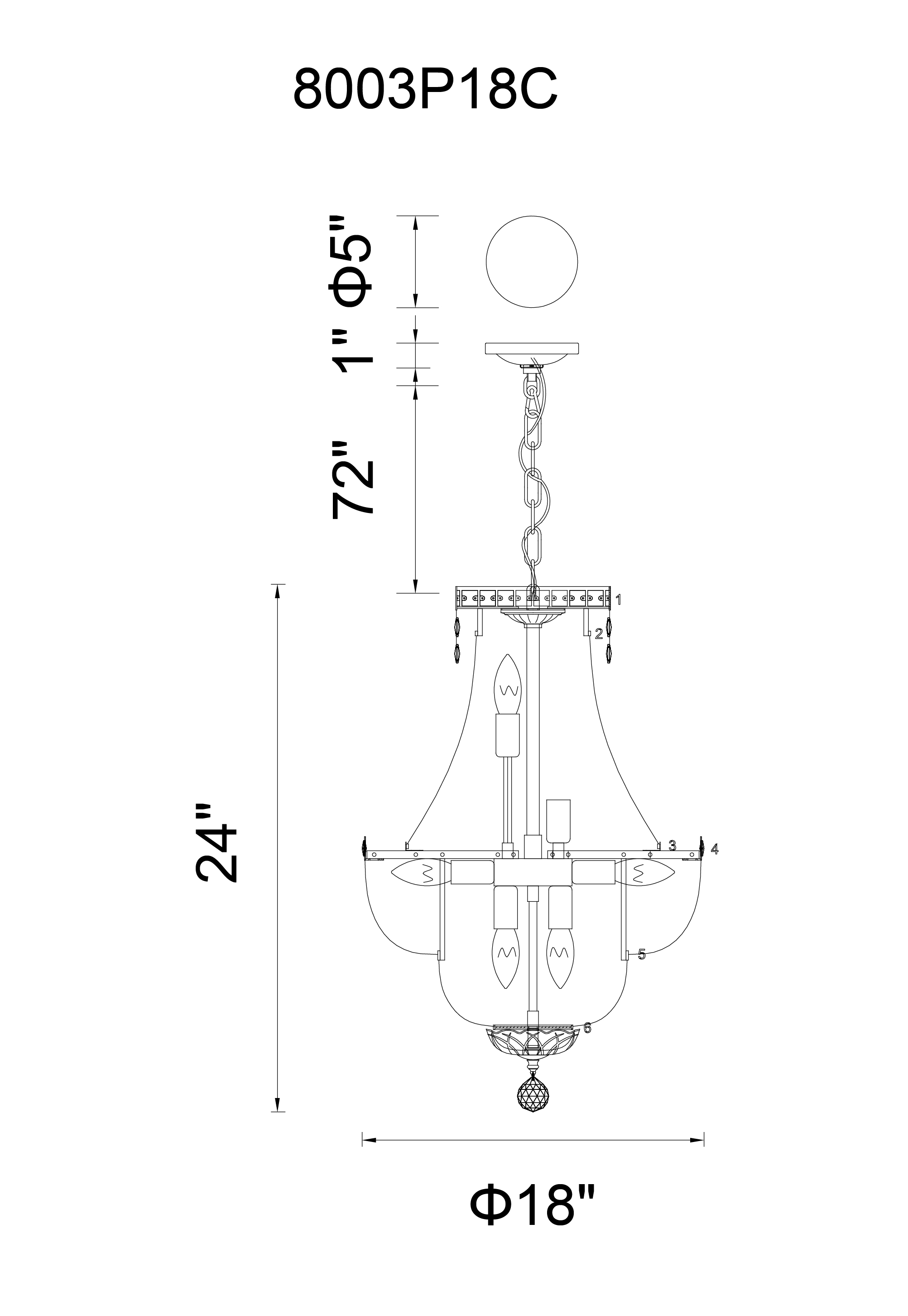 CWI Lighting Stefania 8 Light Down Chandelier With Chrome Finish Model: 8003P18C Line Drawing