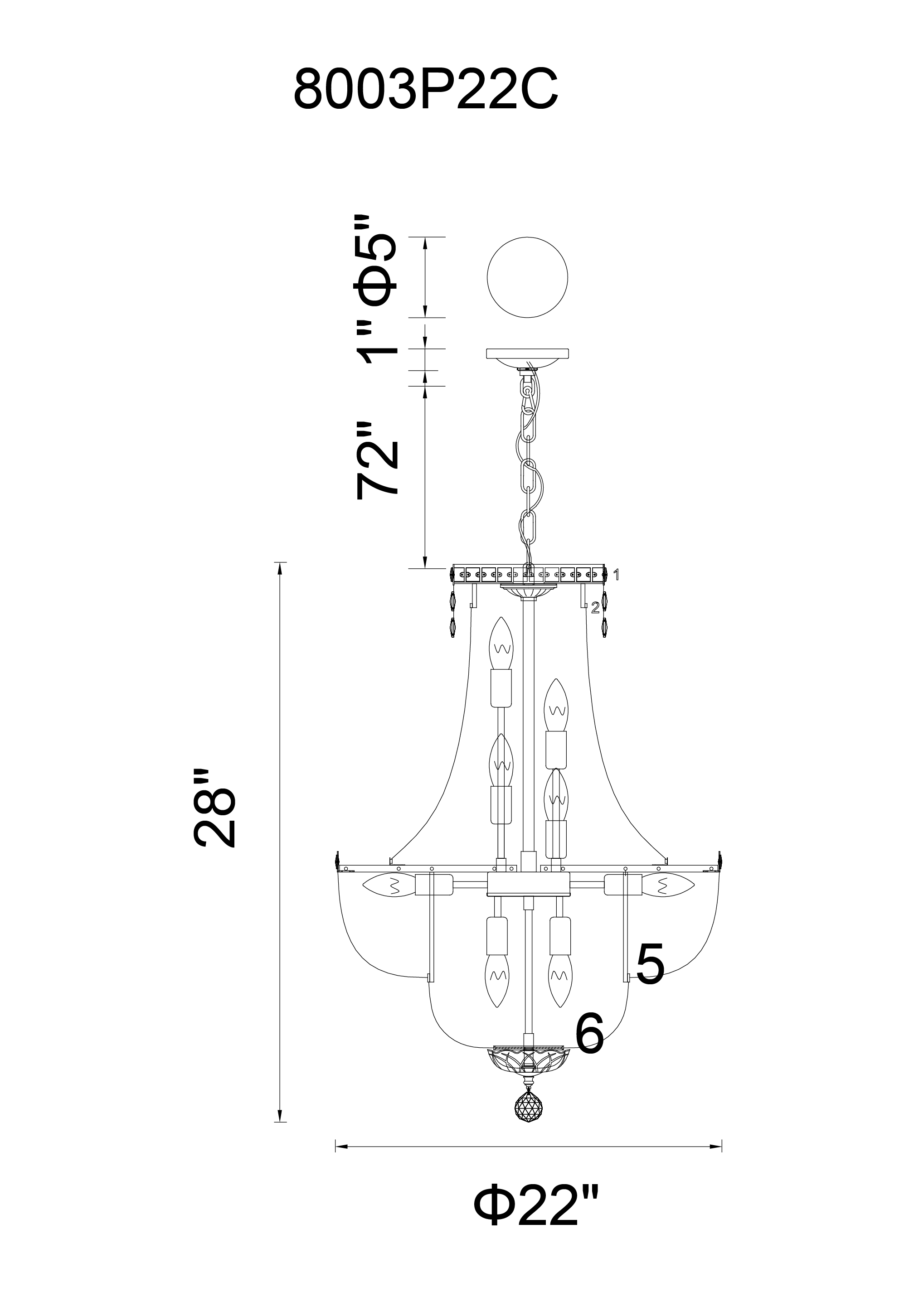 CWI Lighting Stefania 13 Light Down Chandelier With Chrome Finish Model: 8003P22C Line Drawing