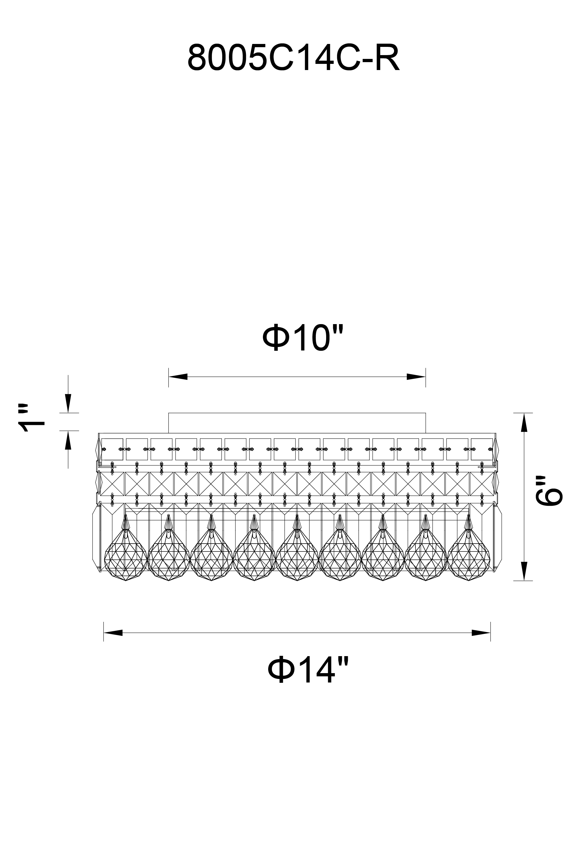 CWI Lighting Colosseum 4 Light Flush Mount With Chrome Finish Model: 8005C14C-R Line Drawing