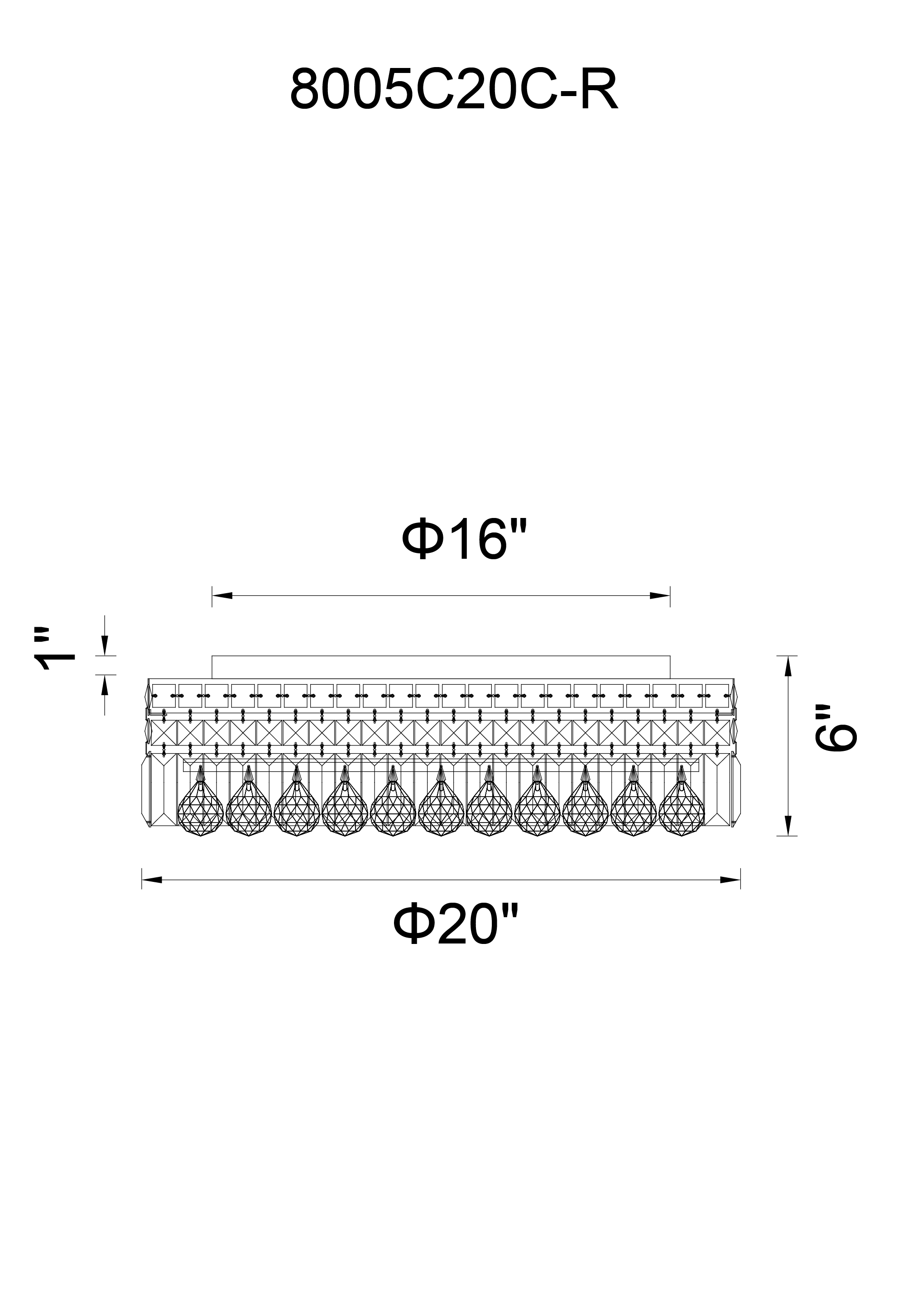CWI Lighting Colosseum 8 Light Flush Mount With Chrome Finish Model: 8005C20C-R Line Drawing