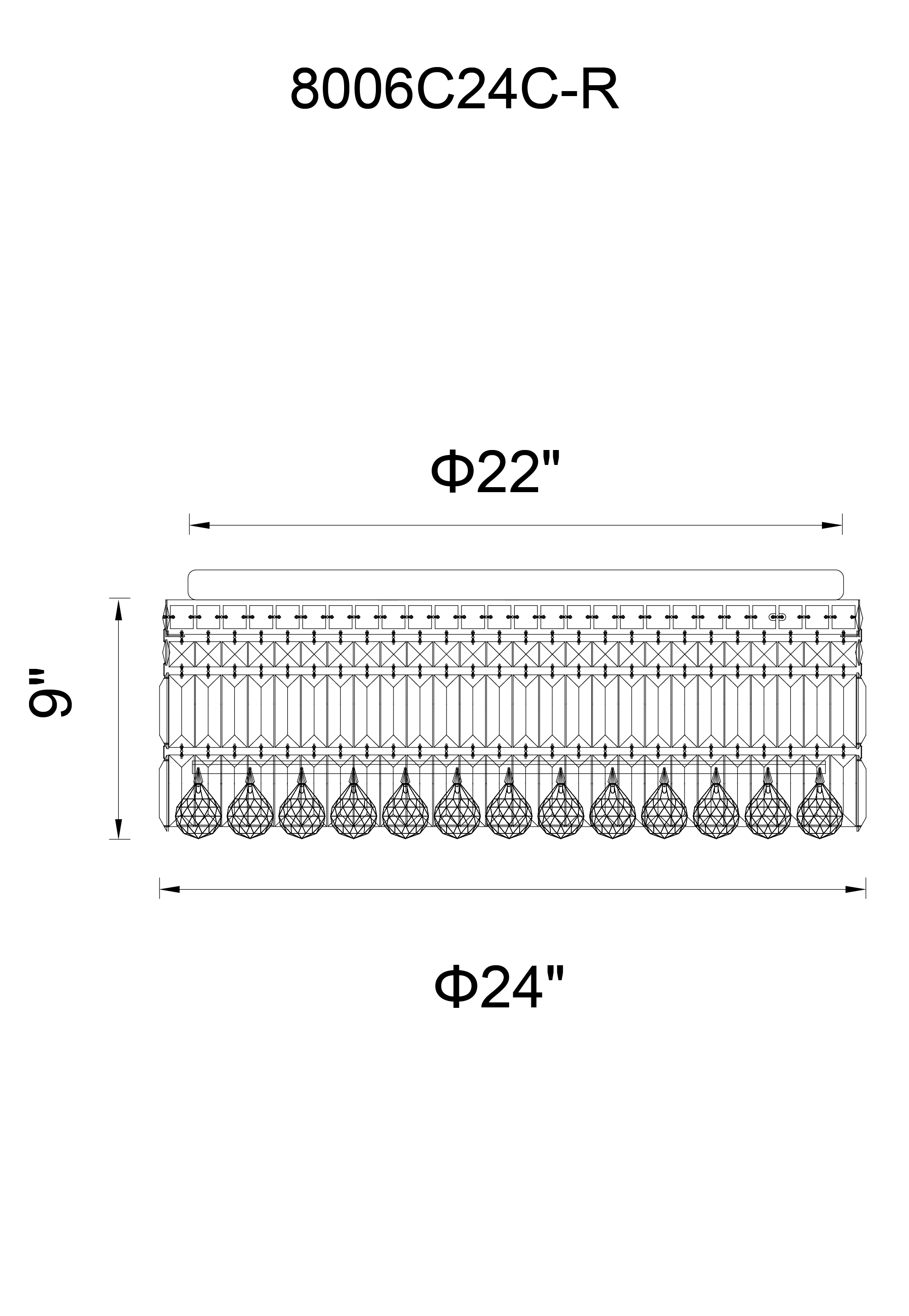 CWI Lighting Colosseum 10 Light Flush Mount With Chrome Finish Model: 8006C24C-R Line Drawing