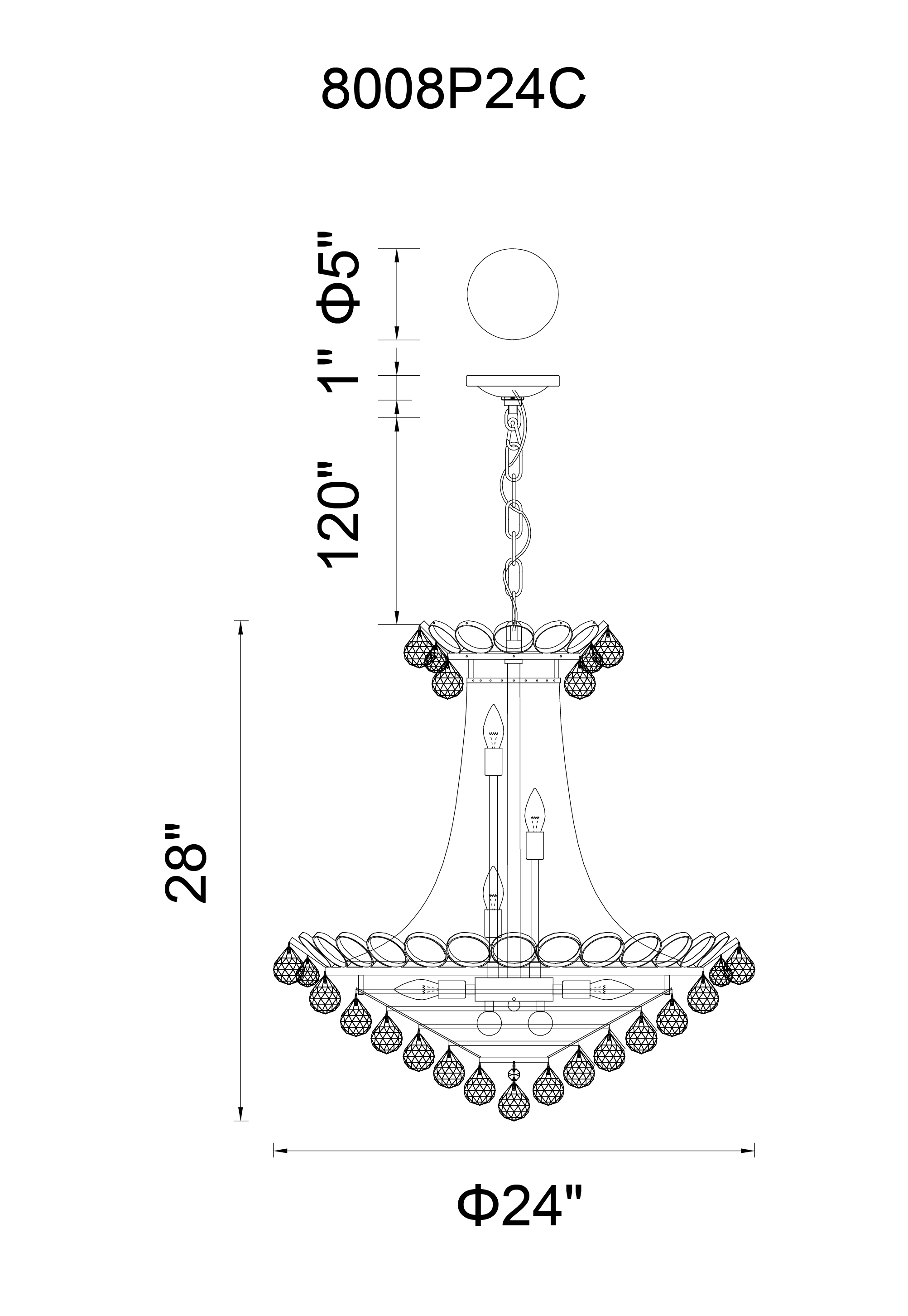 CWI Lighting Glimmer 11 Light Down Chandelier With Chrome Finish Model: 8008P24C Line Drawing
