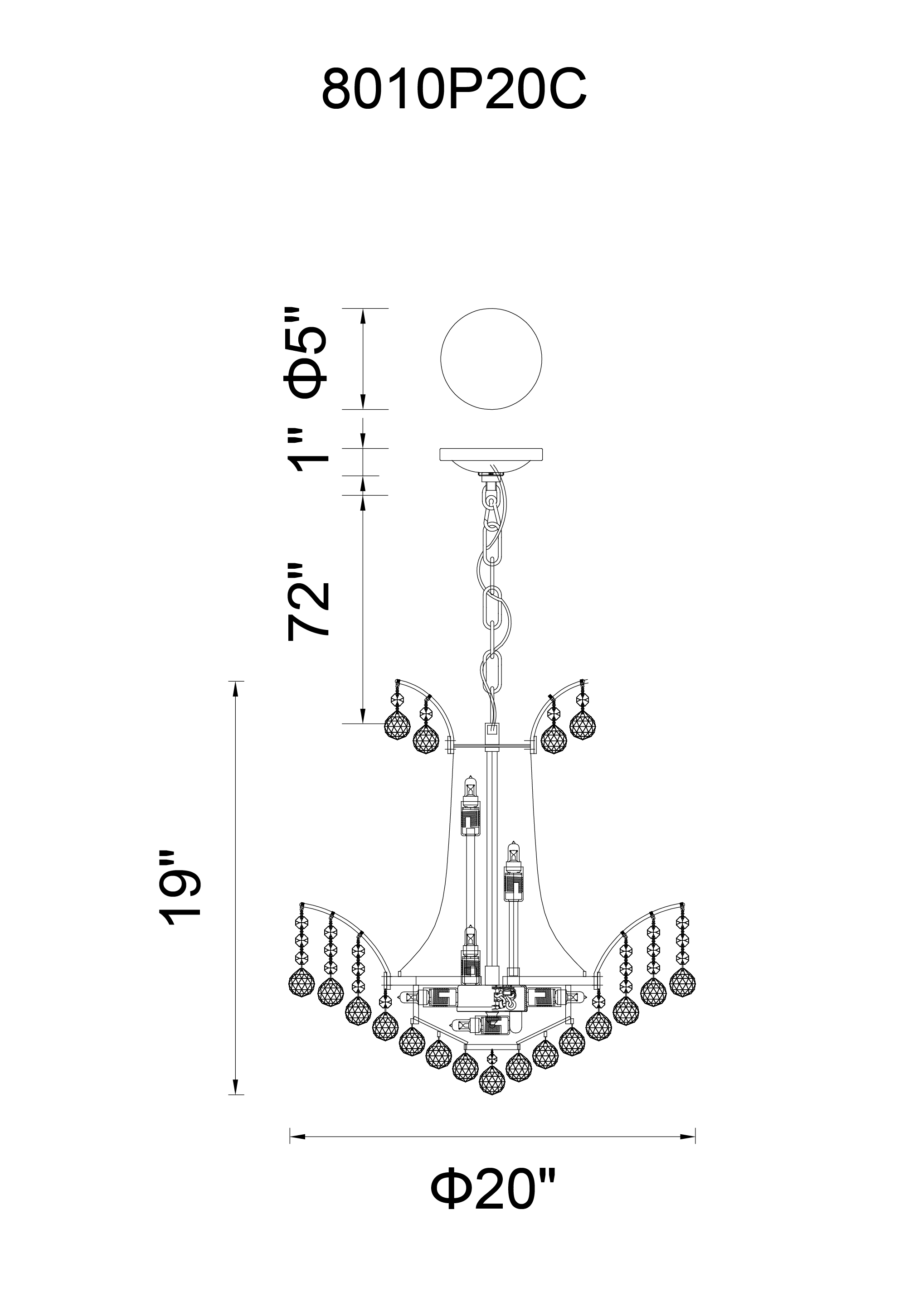 CWI Lighting Posh 11 Light Down Chandelier With Chrome Finish Model: 8010P20C Line Drawing