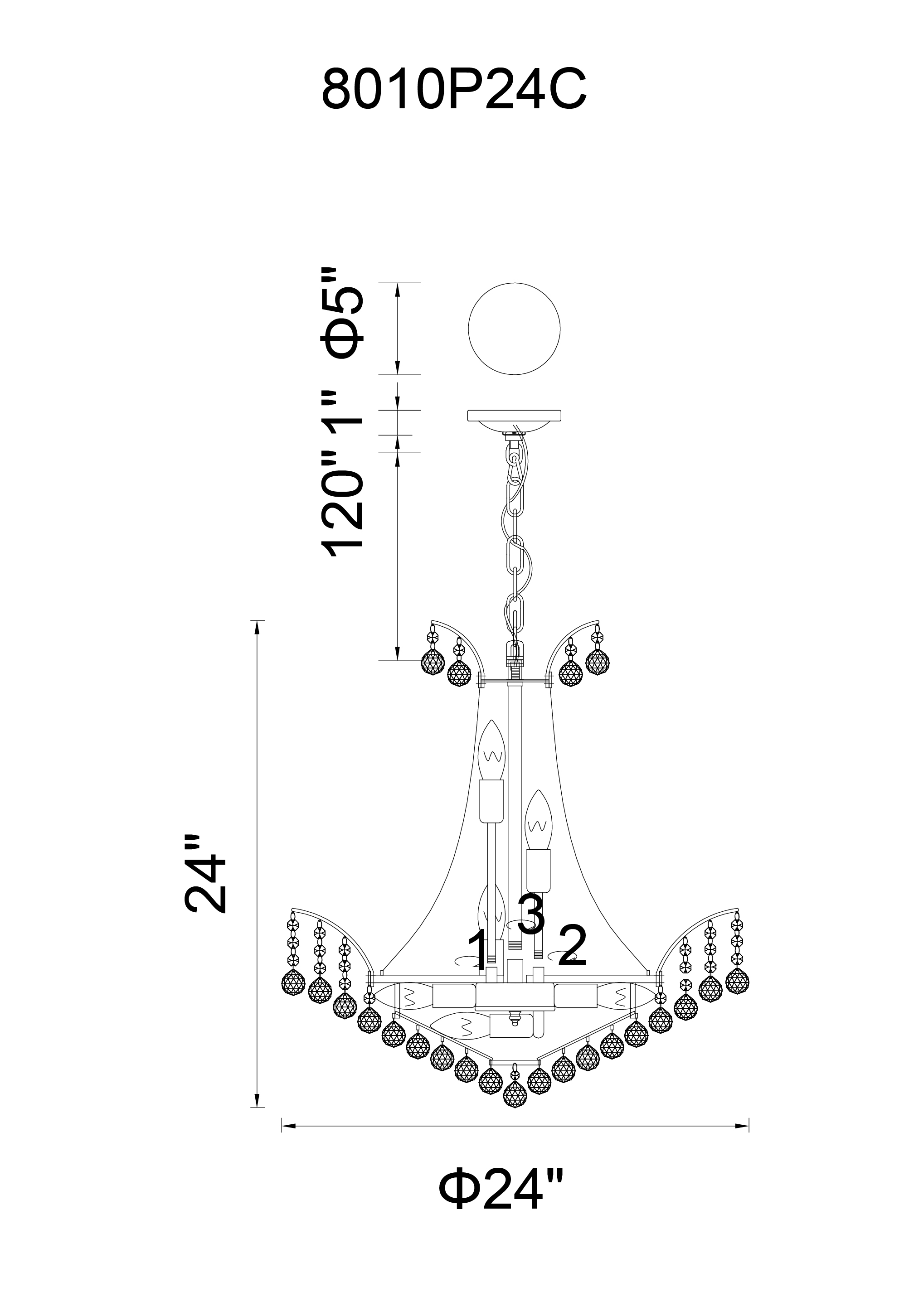 CWI Lighting Posh 11 Light Down Chandelier With Chrome Finish Model: 8010P24C Line Drawing