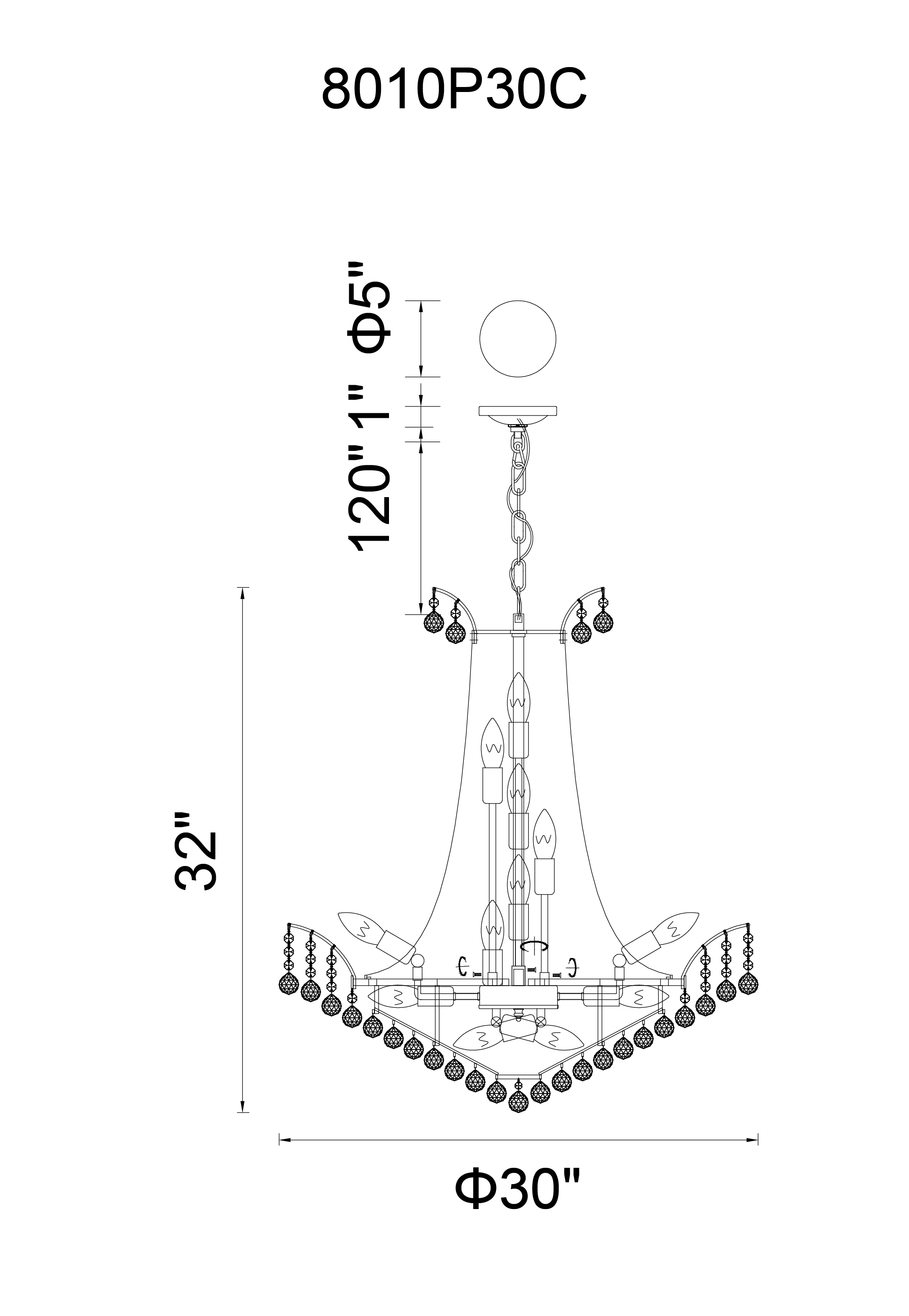 CWI Lighting Posh 22 Light Down Chandelier With Chrome Finish Model: 8010P30C Line Drawing
