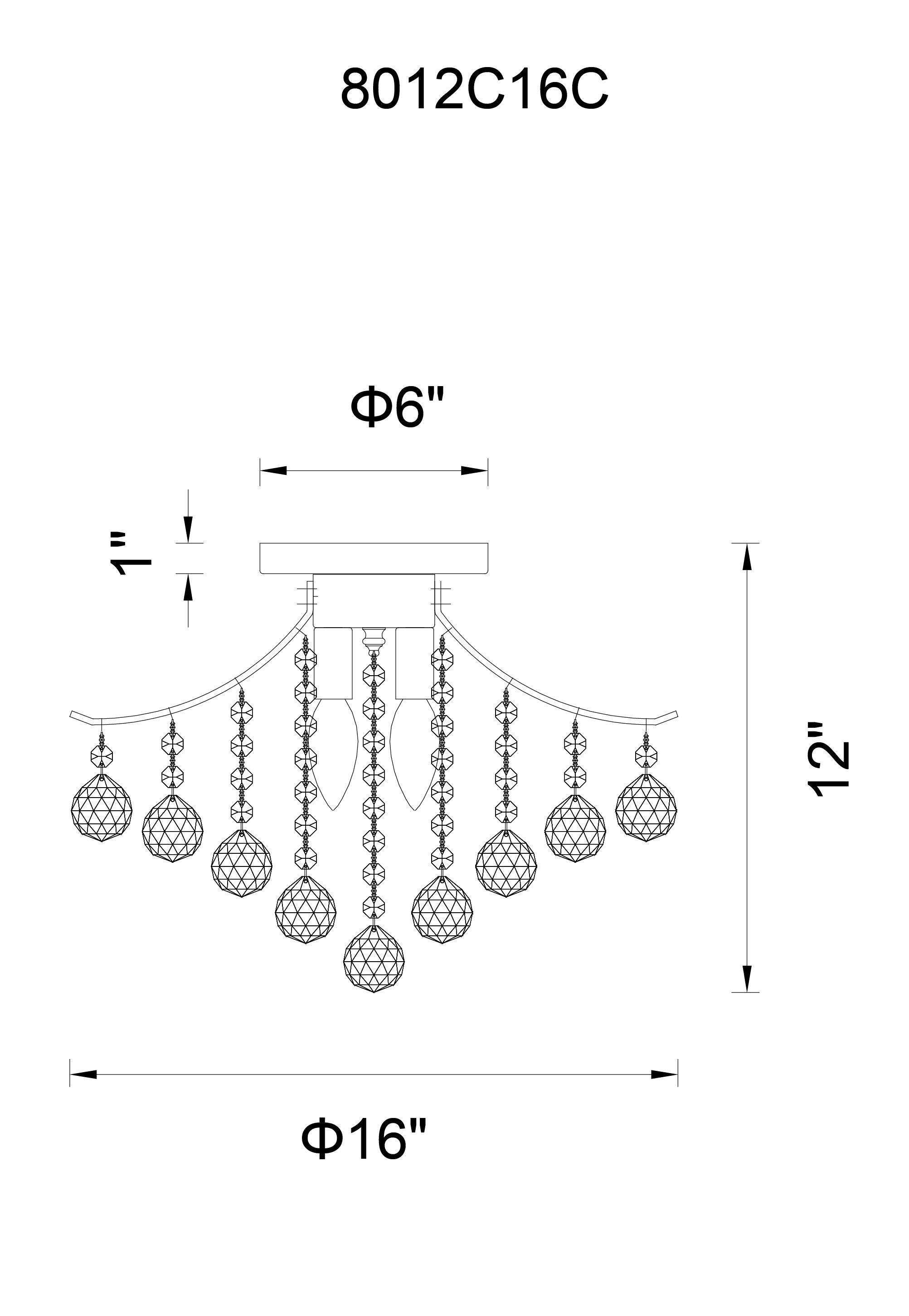 CWI Lighting Princess 4 Light Flush Mount With Chrome Finish Model: 8012C16C Line Drawing