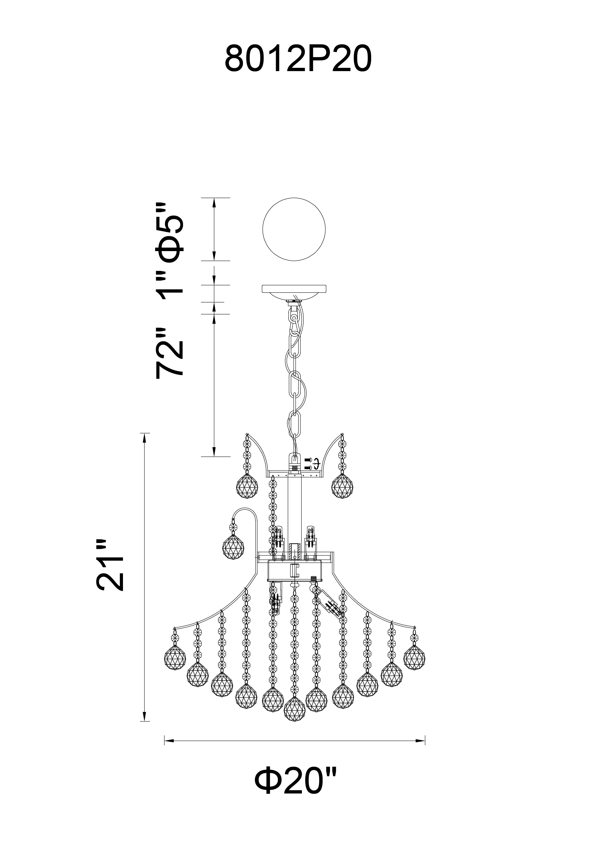 CWI Lighting Princess 8 Light Down Chandelier With Chrome Finish Model: 8012P20C Line Drawing