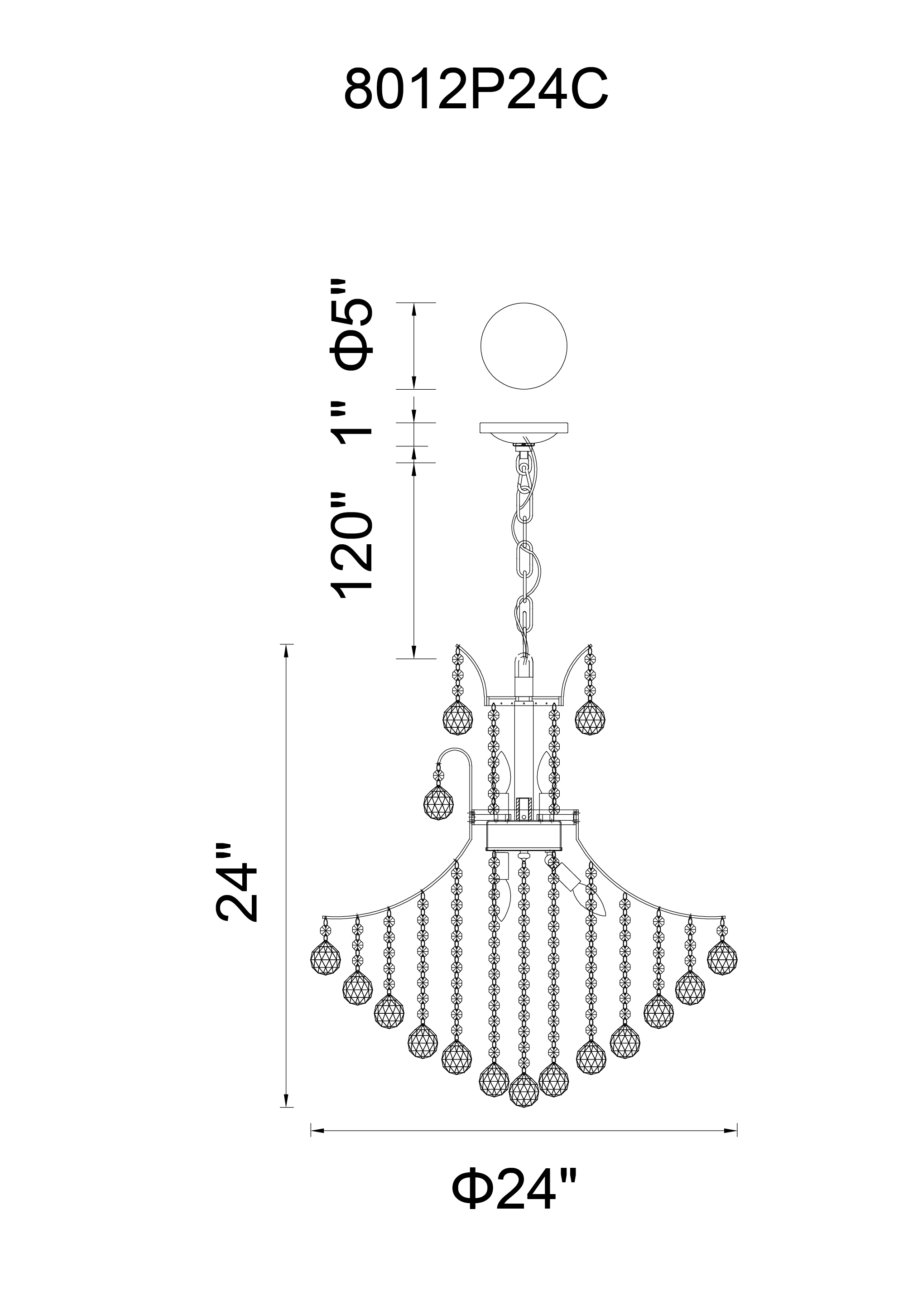 CWI Lighting Princess 10 Light Down Chandelier With Chrome Finish Model: 8012P24C Line Drawing