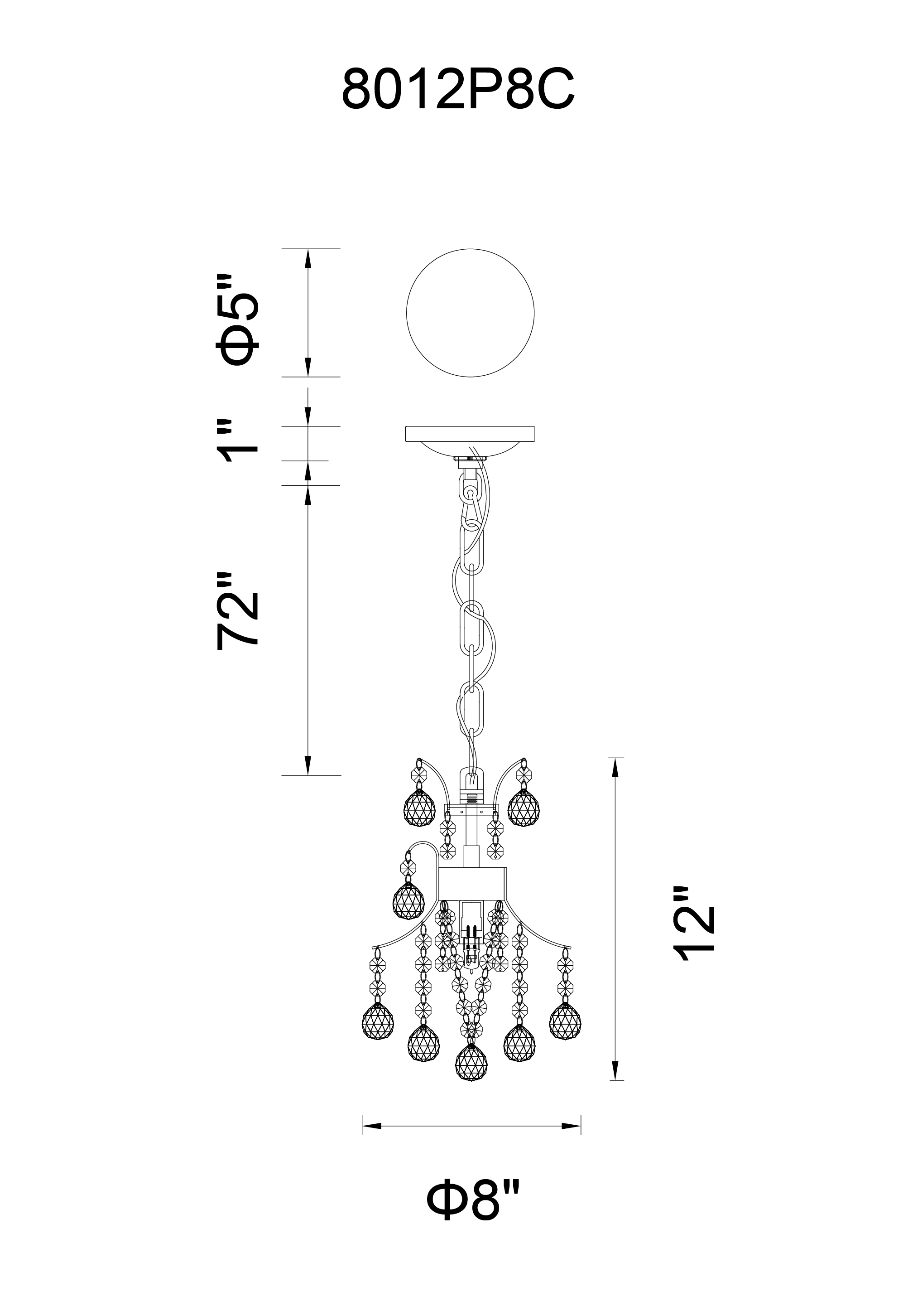 CWI Lighting Princess 1 Light Mini Chandelier With Chrome Finish Model: 8012P8C Line Drawing