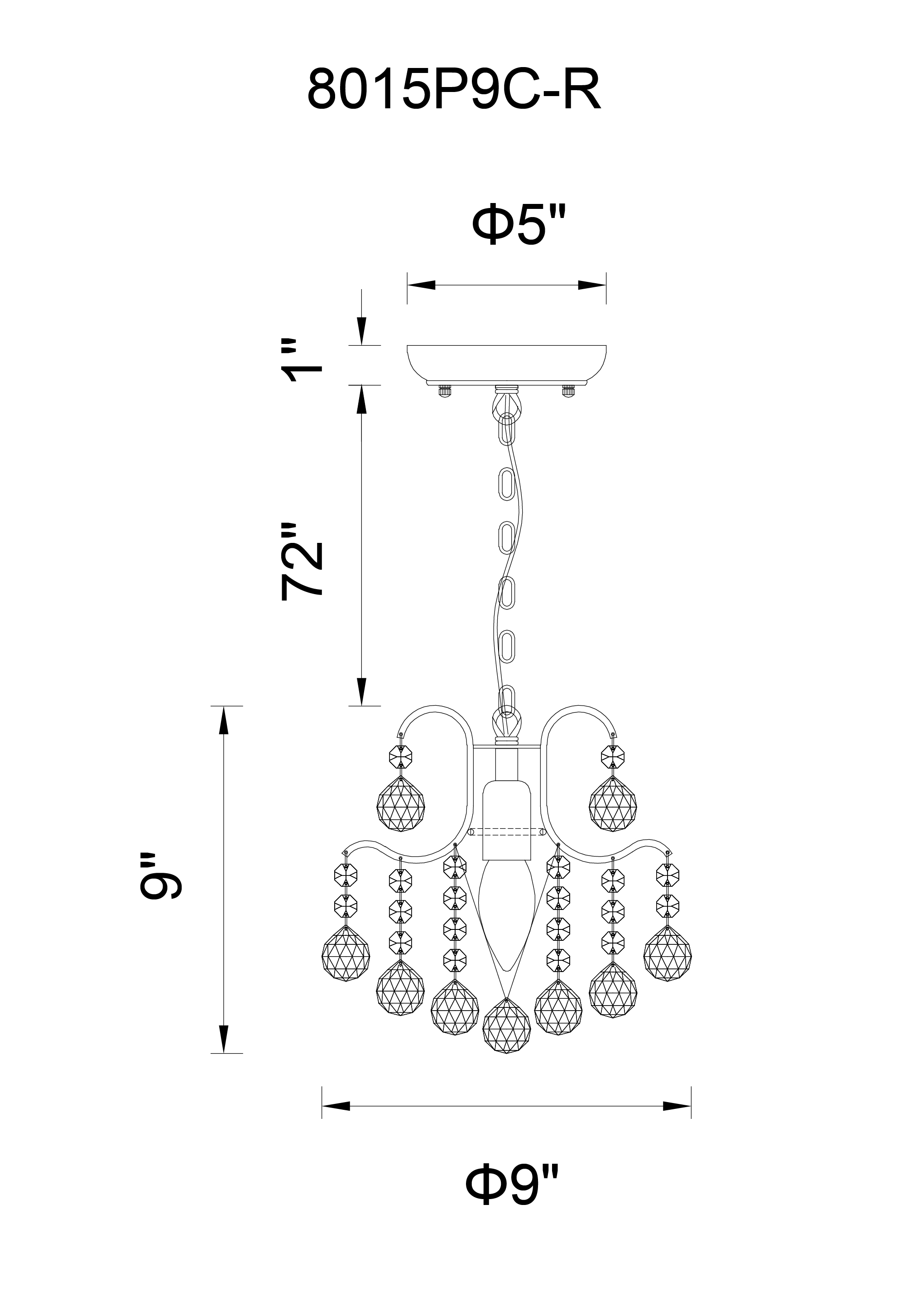 CWI Lighting Blossom 1 Light Mini Chandelier With Chrome Finish Model: 8015P9C-R Line Drawing