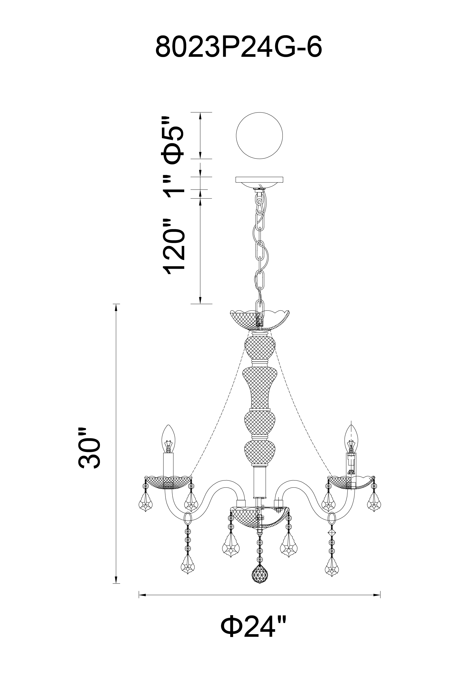 CWI Lighting Princeton 6 Light Down Chandelier With Chrome Finish Model: 8023P24C-6 Line Drawing