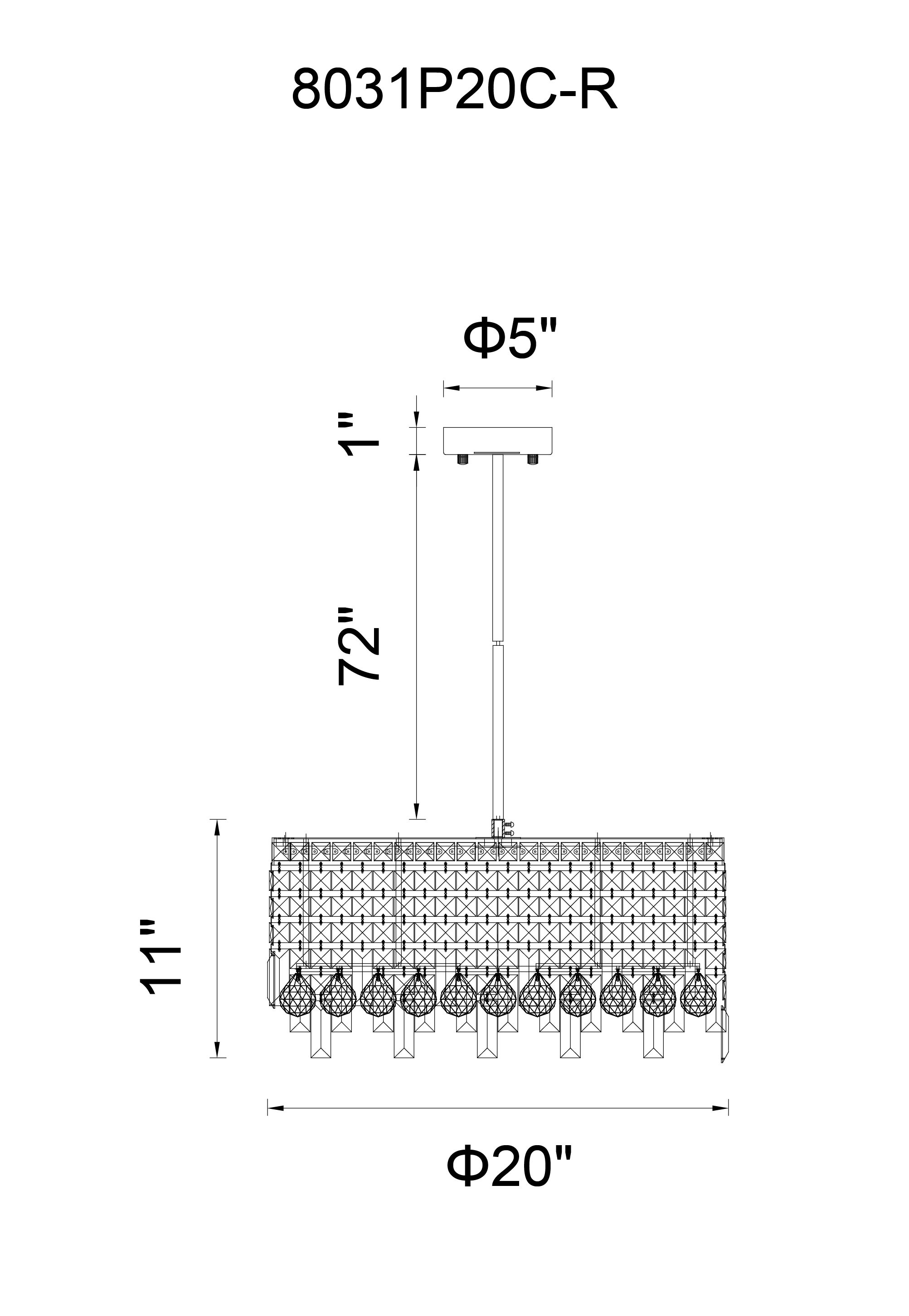 CWI Lighting Colosseum 8 Light Down Chandelier With Chrome Finish Model: 8031P20C-R Line Drawing