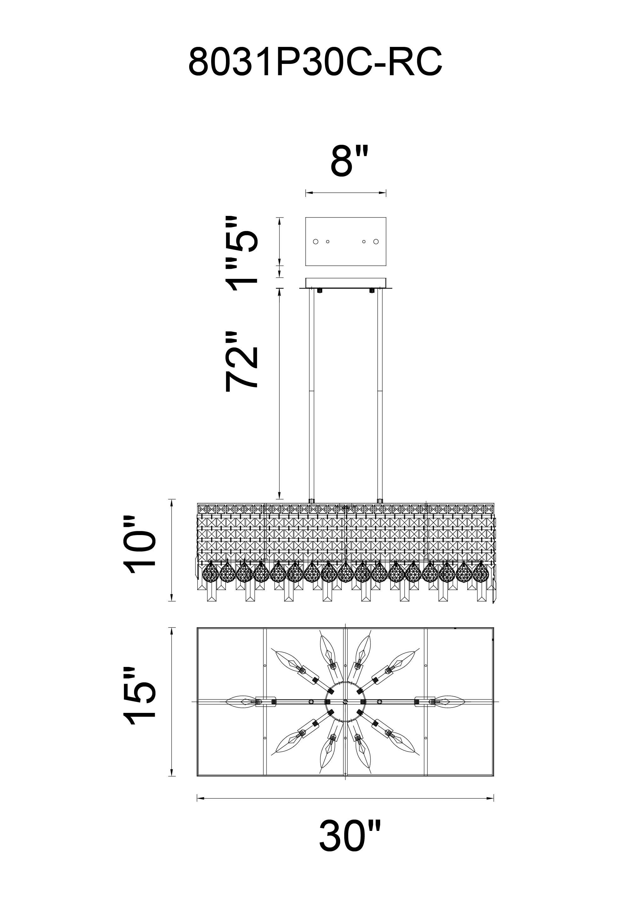 CWI Lighting Colosseum 10 Light Down Chandelier With Chrome Finish Model: 8031P30C-RC Line Drawing