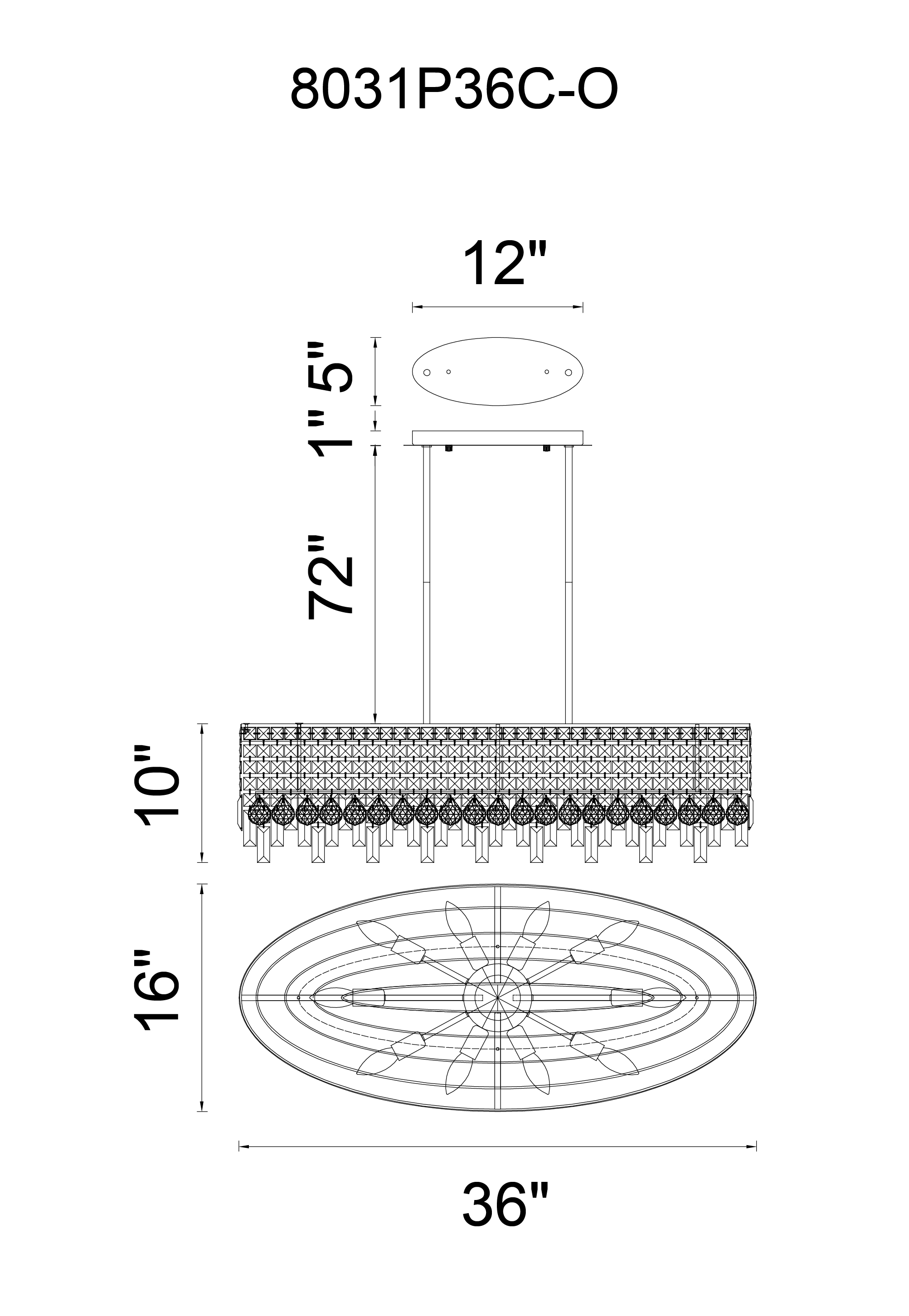 CWI Lighting Colosseum 10 Light Down Chandelier With Chrome Finish Model: 8031P36C-O Line Drawing