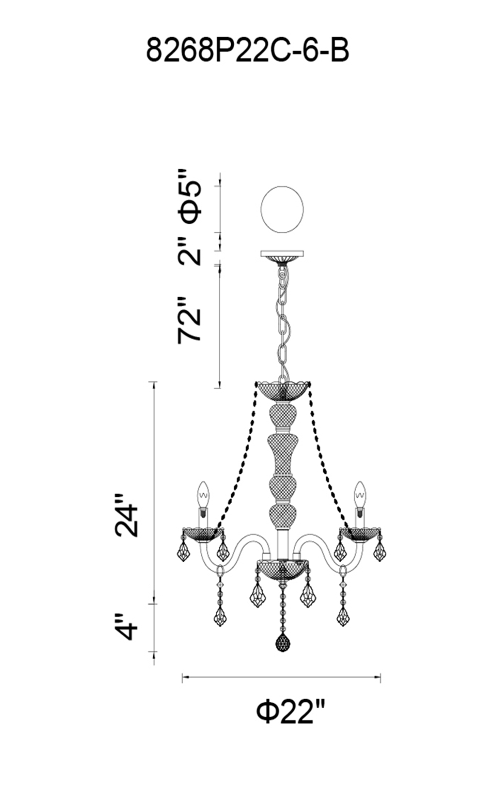 CWI Lighting Princeton 6 Light Up Chandelier With Chrome Finish Model: 8268P22C-6-B Line Drawing