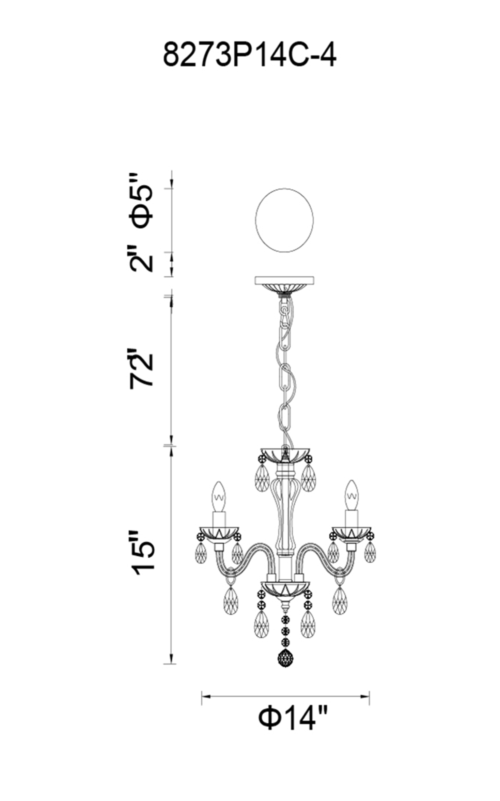 CWI Lighting Princeton 4 Light Up Chandelier With Chrome Finish Model: 8273P14C-4 (CLEAR) Line Drawing