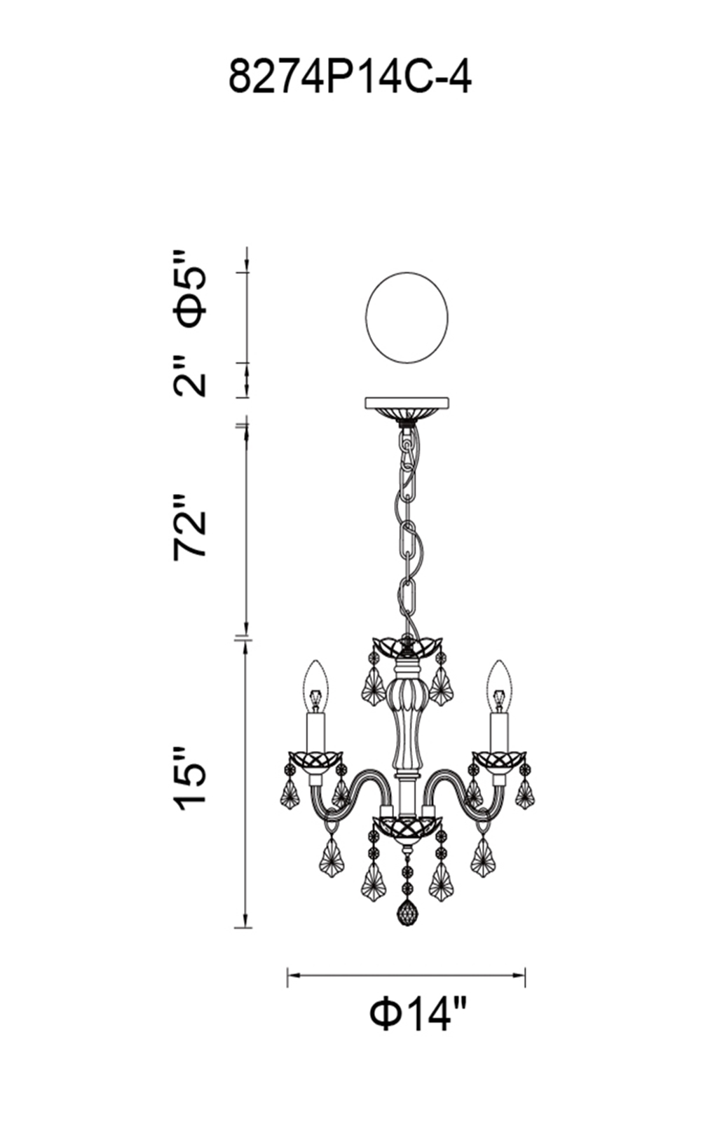 CWI Lighting Princeton 4 Light Up Chandelier With Chrome Finish Model: 8274P14C-4 Line Drawing