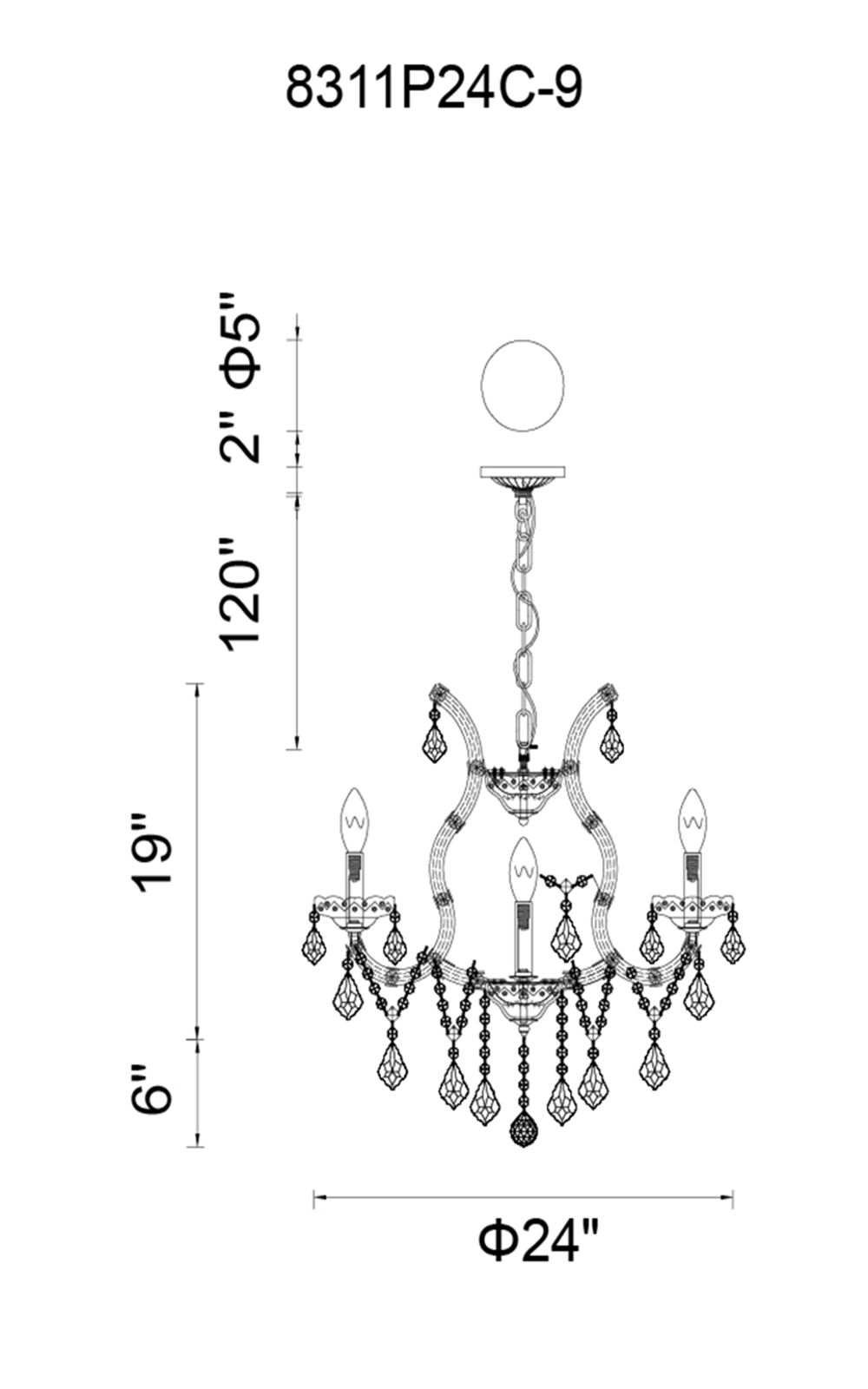 CWI Lighting Maria Theresa 9 Light Up Chandelier With Chrome Finish Model: 8311P24C-9 (CLEAR) Line Drawing
