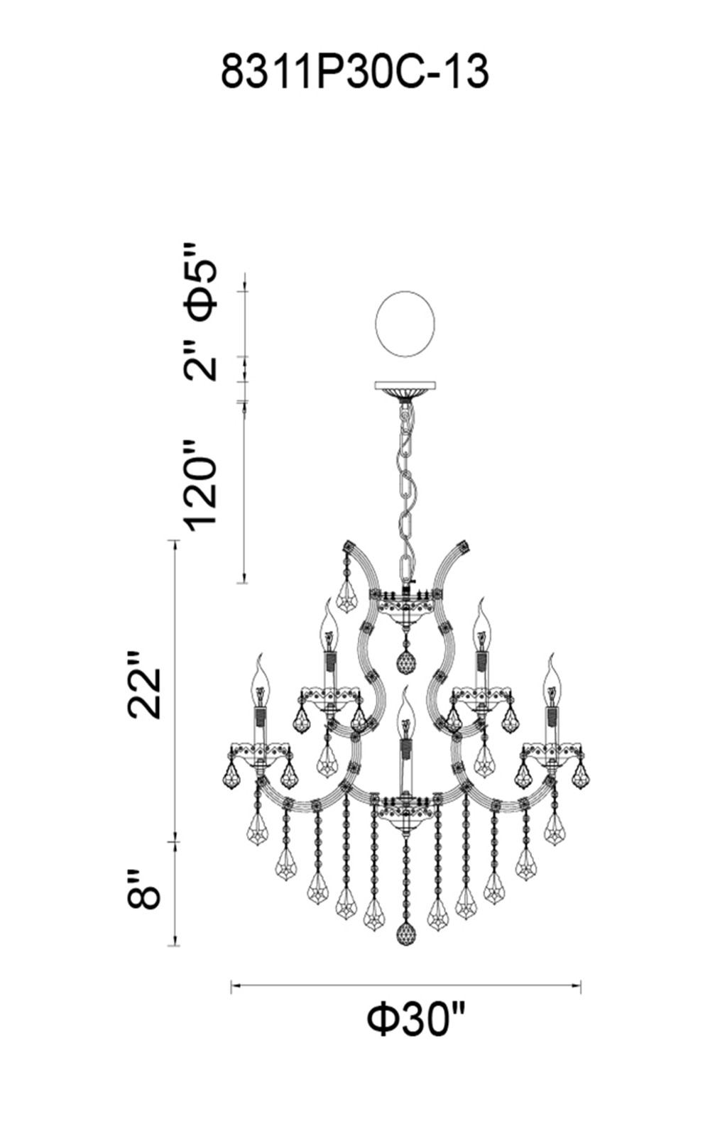 CWI Lighting Maria Theresa 13 Light Up Chandelier With Chrome Finish Model: 8311P30C-13 (CLEAR) Line Drawing