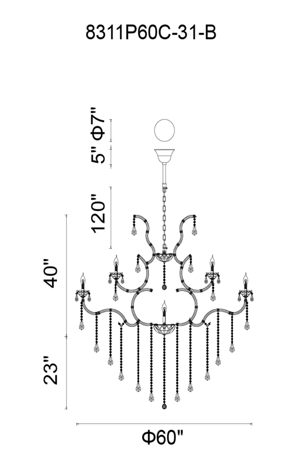CWI Lighting Maria Theresa 31 Light Up Chandelier With Chrome Finish Model: 8311P60C-31 (CLEAR) Line Drawing