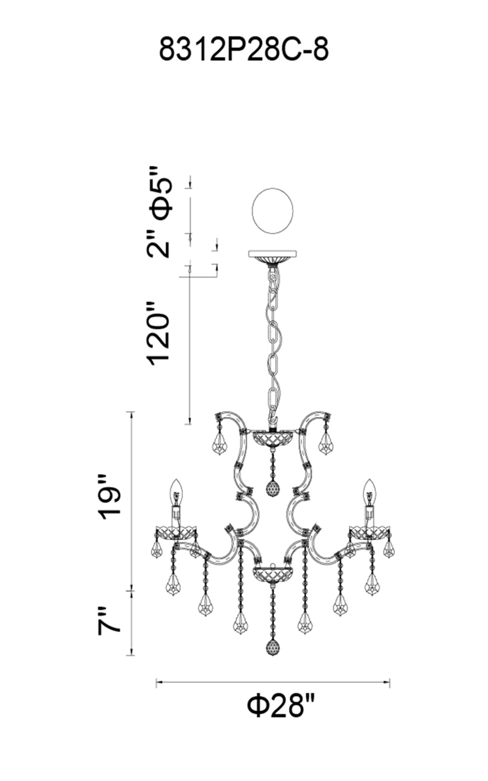 CWI Lighting Colossal 8 Light Up Chandelier With Chrome Finish Model: 8312P28C-8 (SMOKE) Line Drawing
