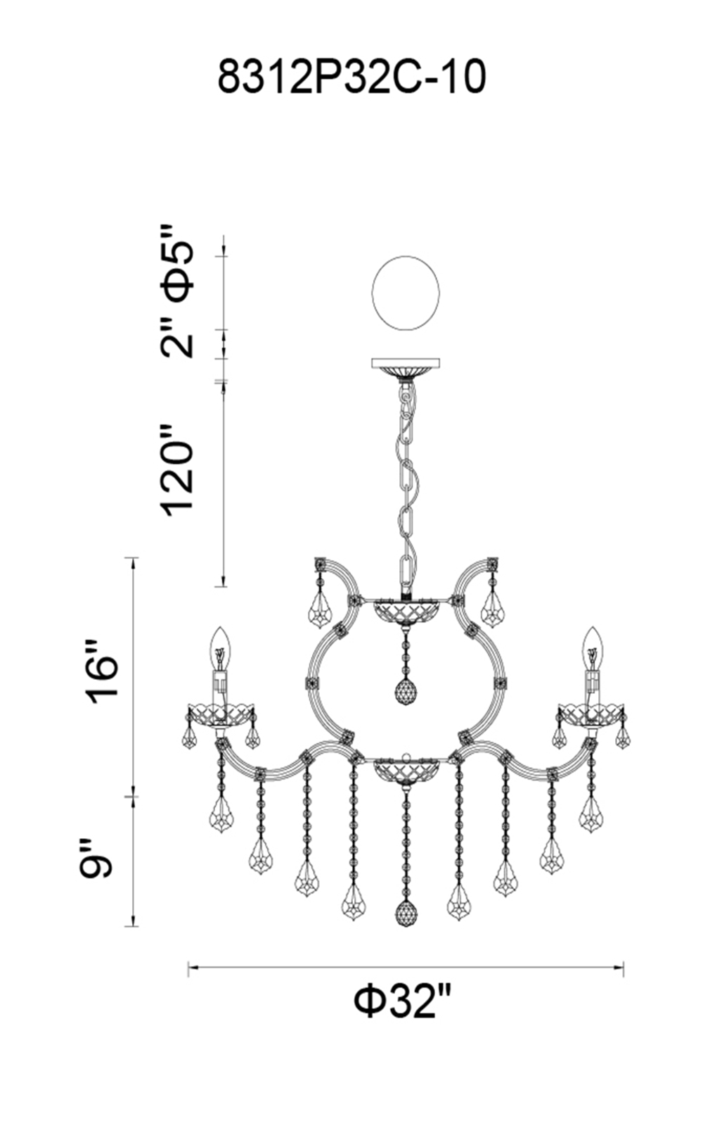 CWI Lighting Colossal 10 Light Up Chandelier With Chrome Finish Model: 8312P32C-10 (CLEAR) Line Drawing