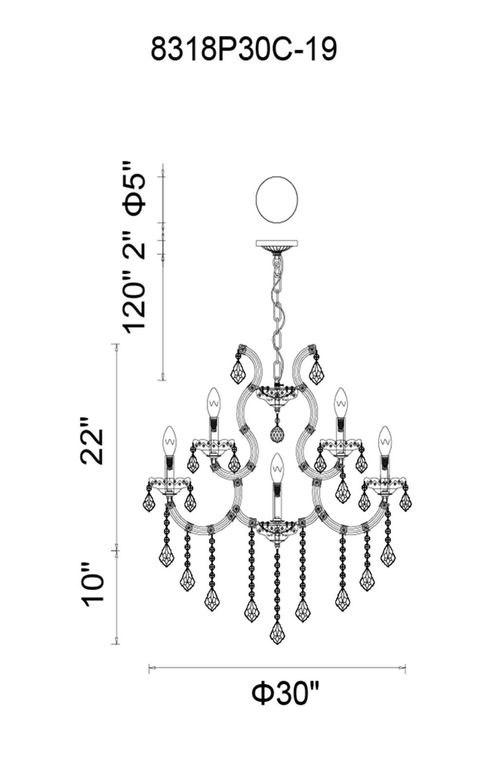 CWI Lighting Maria Theresa 19 Light Up Chandelier With Chrome Finish Model: 8318P30C-19 (CLEAR) Line Drawing