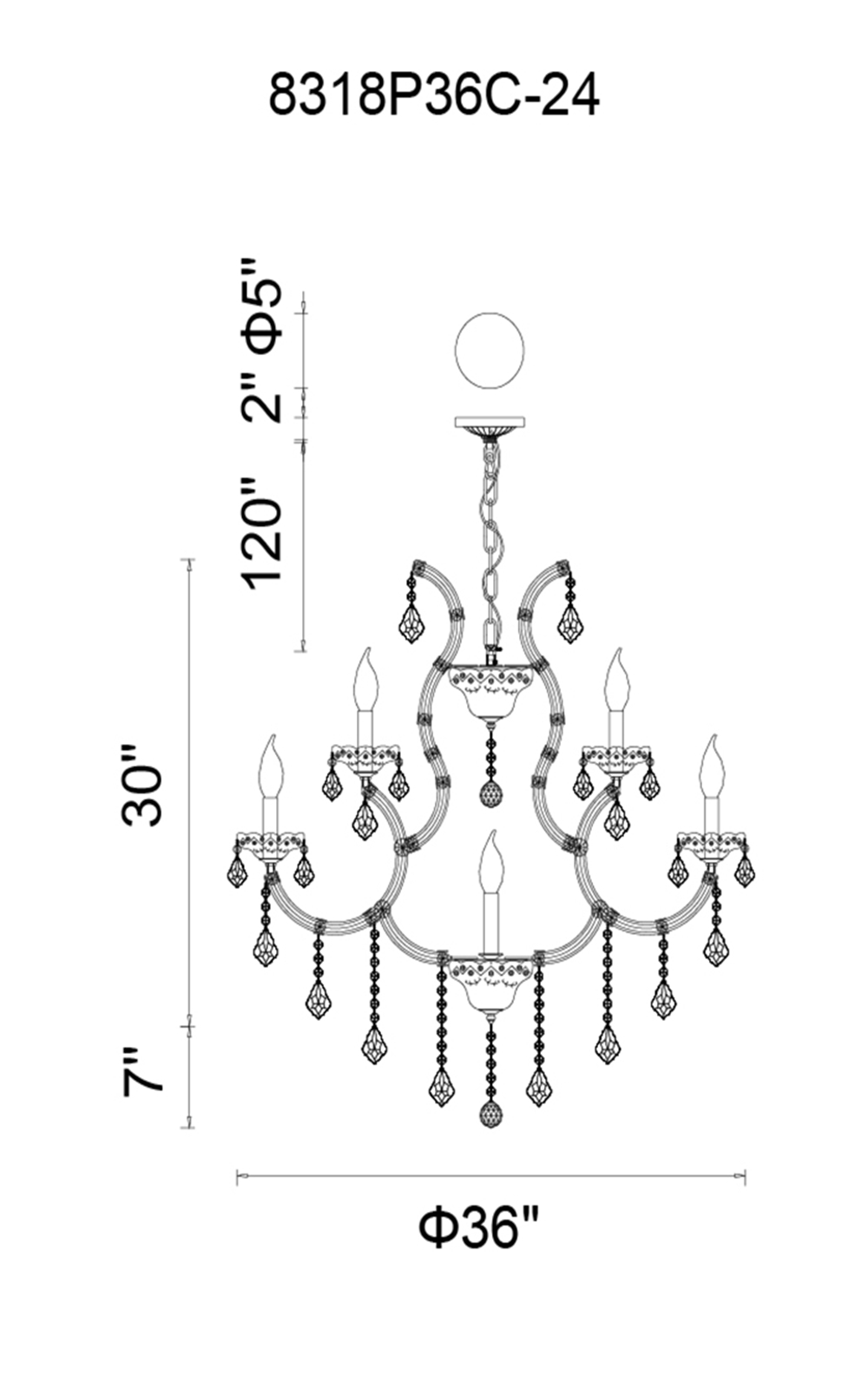 CWI Lighting Maria Theresa 25 Light Up Chandelier With Chrome Finish Model: 8318P36C-25 (CLEAR) Line Drawing