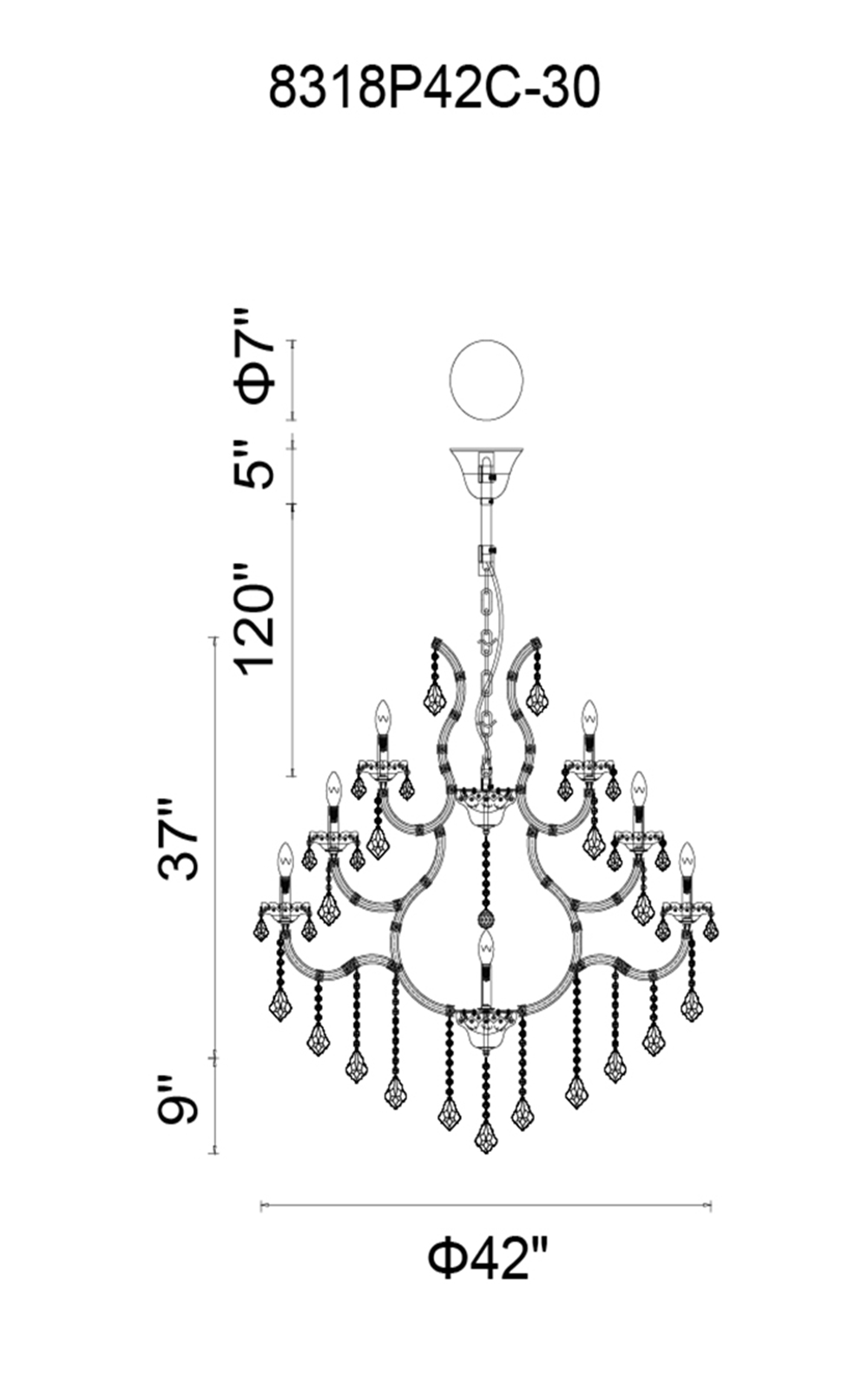 CWI Lighting Maria Theresa 33 Light Up Chandelier With Chrome Finish Model: 8318P42C-33 (CLEAR) Line Drawing