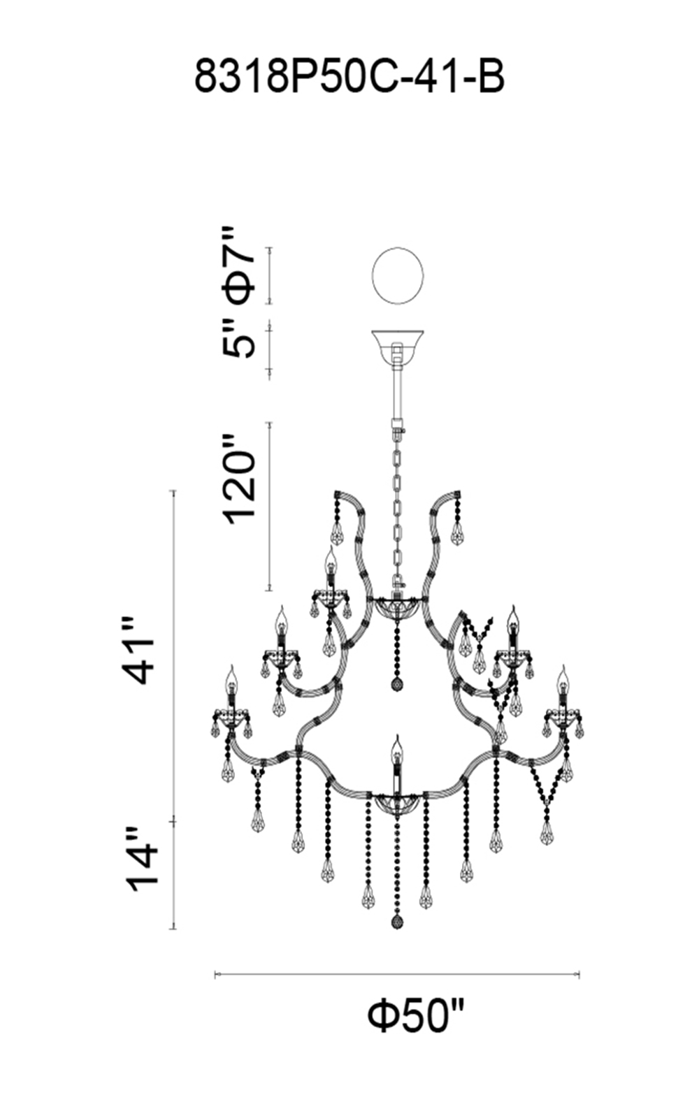 CWI Lighting Maria Theresa 41 Light Up Chandelier With Chrome Finish Model: 8318P50C-41 (CLEAR)-B Line Drawing