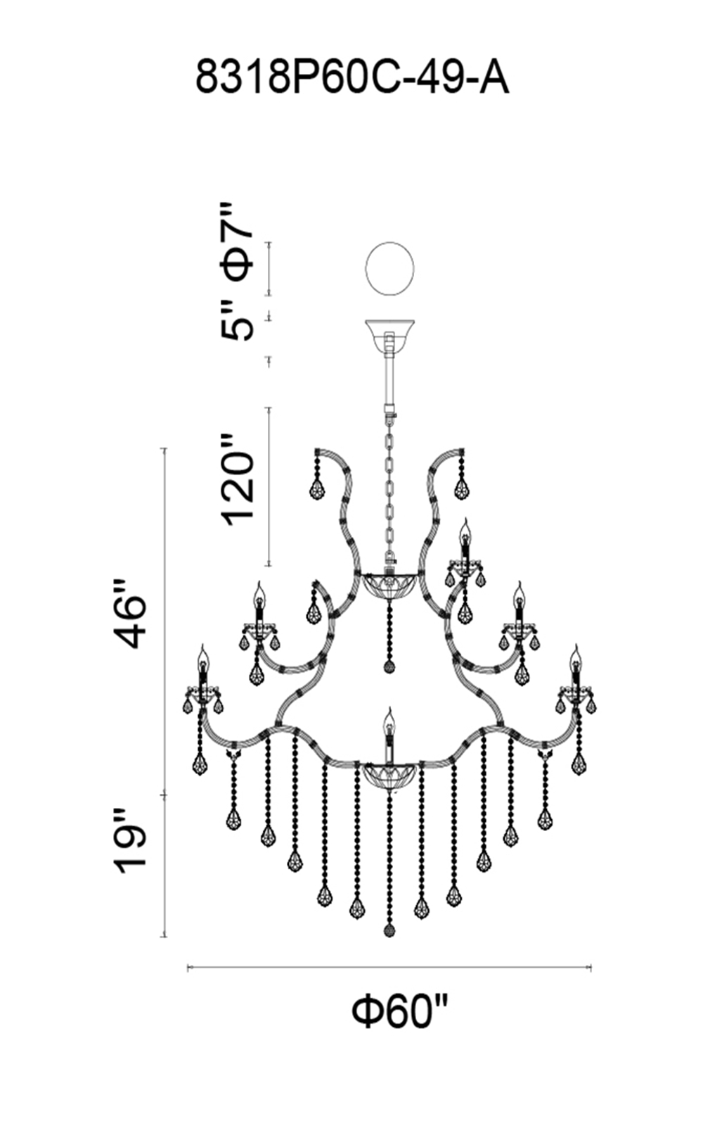 CWI Lighting Maria Theresa 49 Light Up Chandelier With Chrome Finish Model: 8318P60C-49 (CLEAR)-A Line Drawing