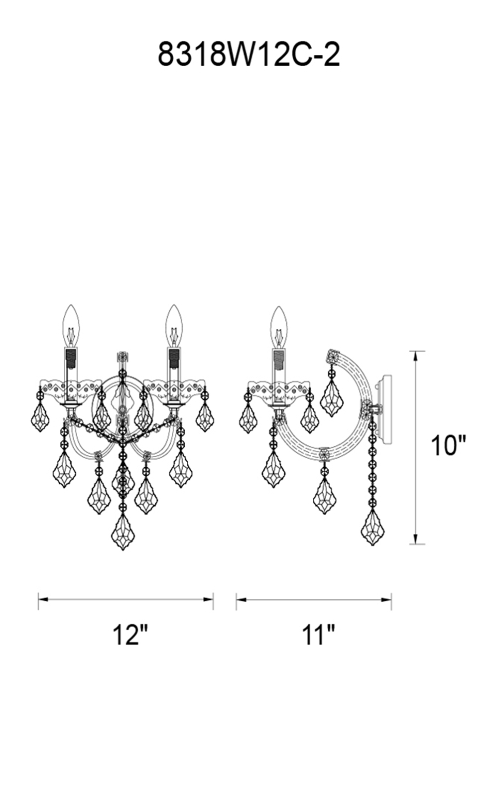 CWI Lighting Maria Theresa 2 Light Wall Sconce With Chrome Finish Model: 8318W12C-2 (CLEAR) Line Drawing