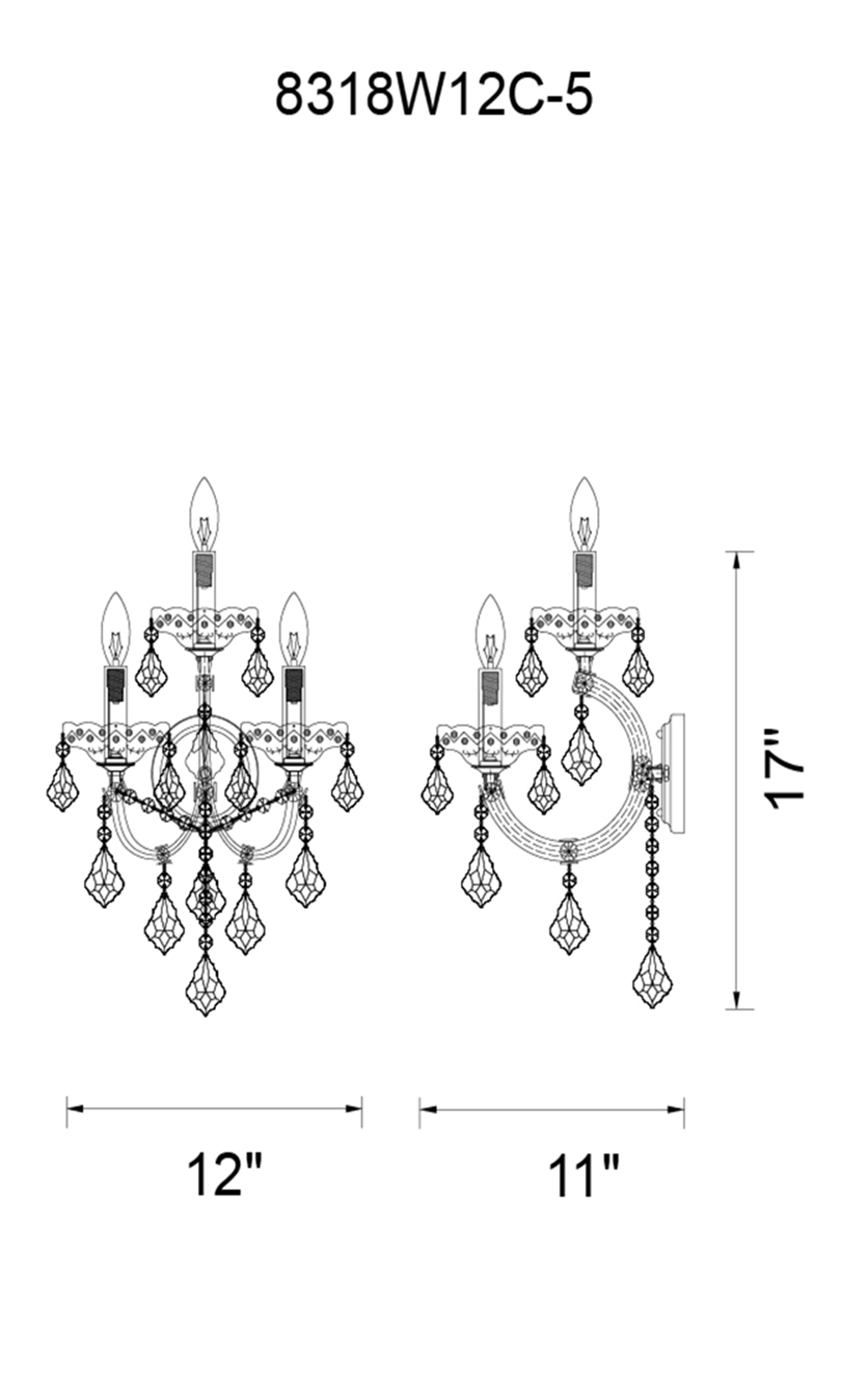CWI Lighting Maria Theresa 5 Light Wall Sconce With Chrome Finish Model: 8318W12C-5 (CLEAR) Line Drawing