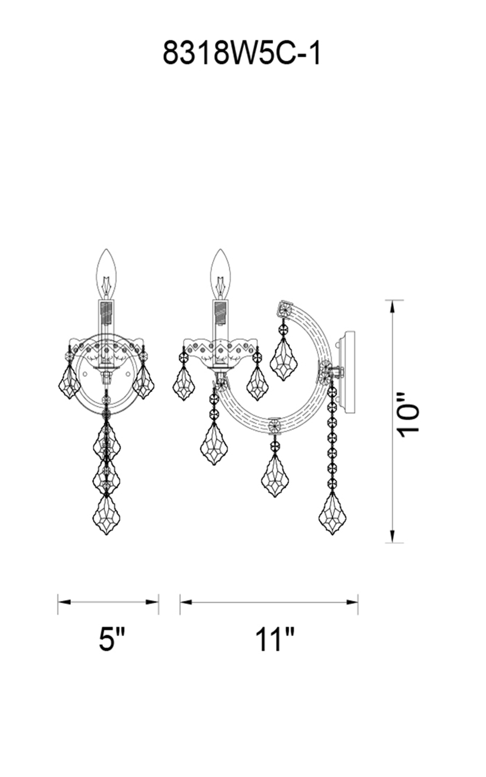 CWI Lighting Maria Theresa 1 Light Wall Sconce With Chrome Finish Model: 8318W5C-1 (CLEAR) Line Drawing